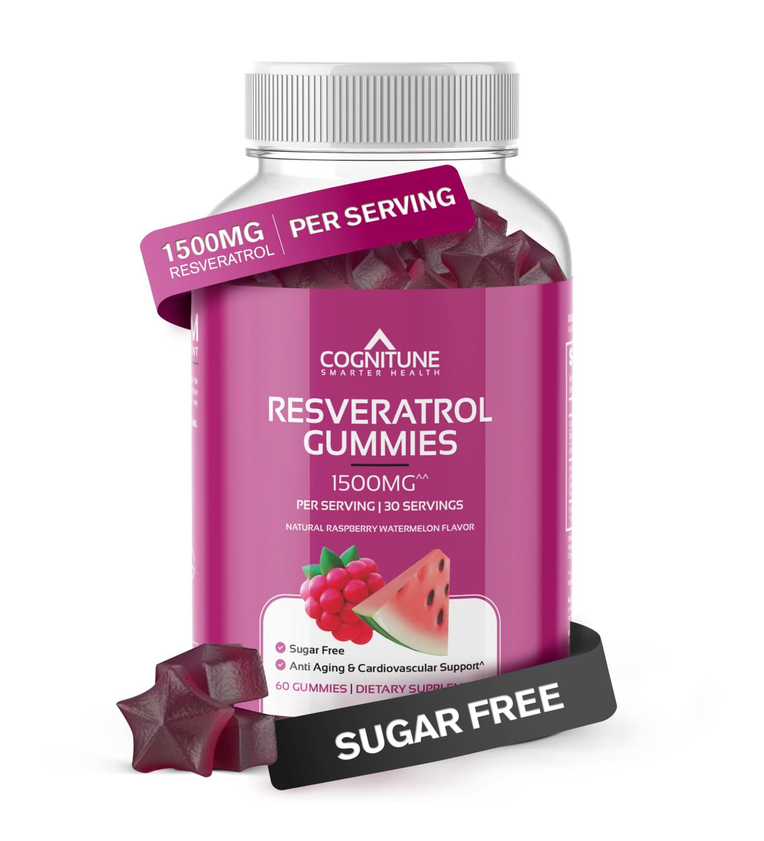 CogniTune Resveratrol Gummies 1500mg - Sugar Free Longevity Gummies for Women & Men - Antioxidant Supplement for Heart Brain Immune Support - Buy Online on GoSupps.com
