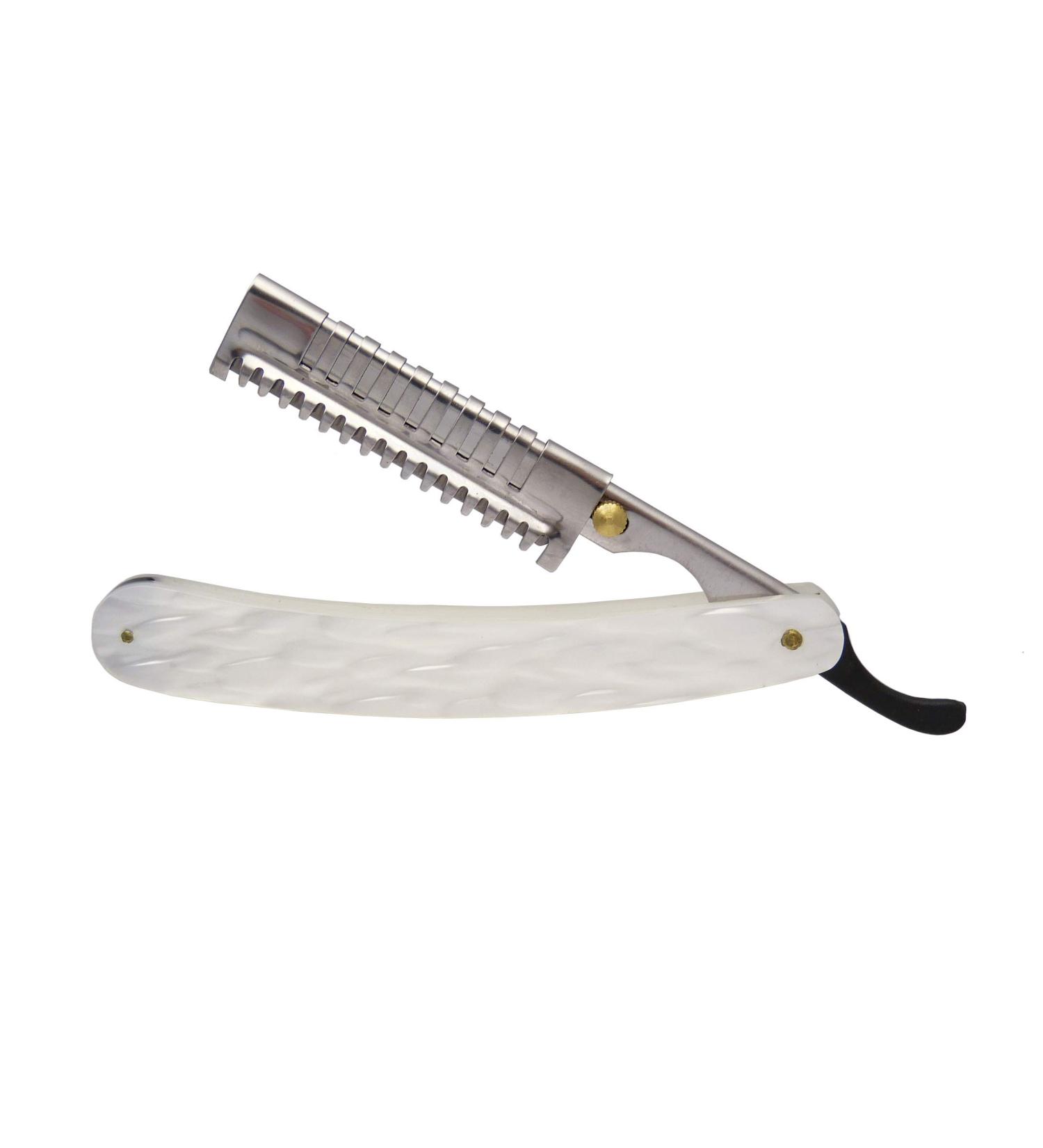 High-quality thinning knife with mother-of-pearl handle 53 mm working length - incl. 4 attachments