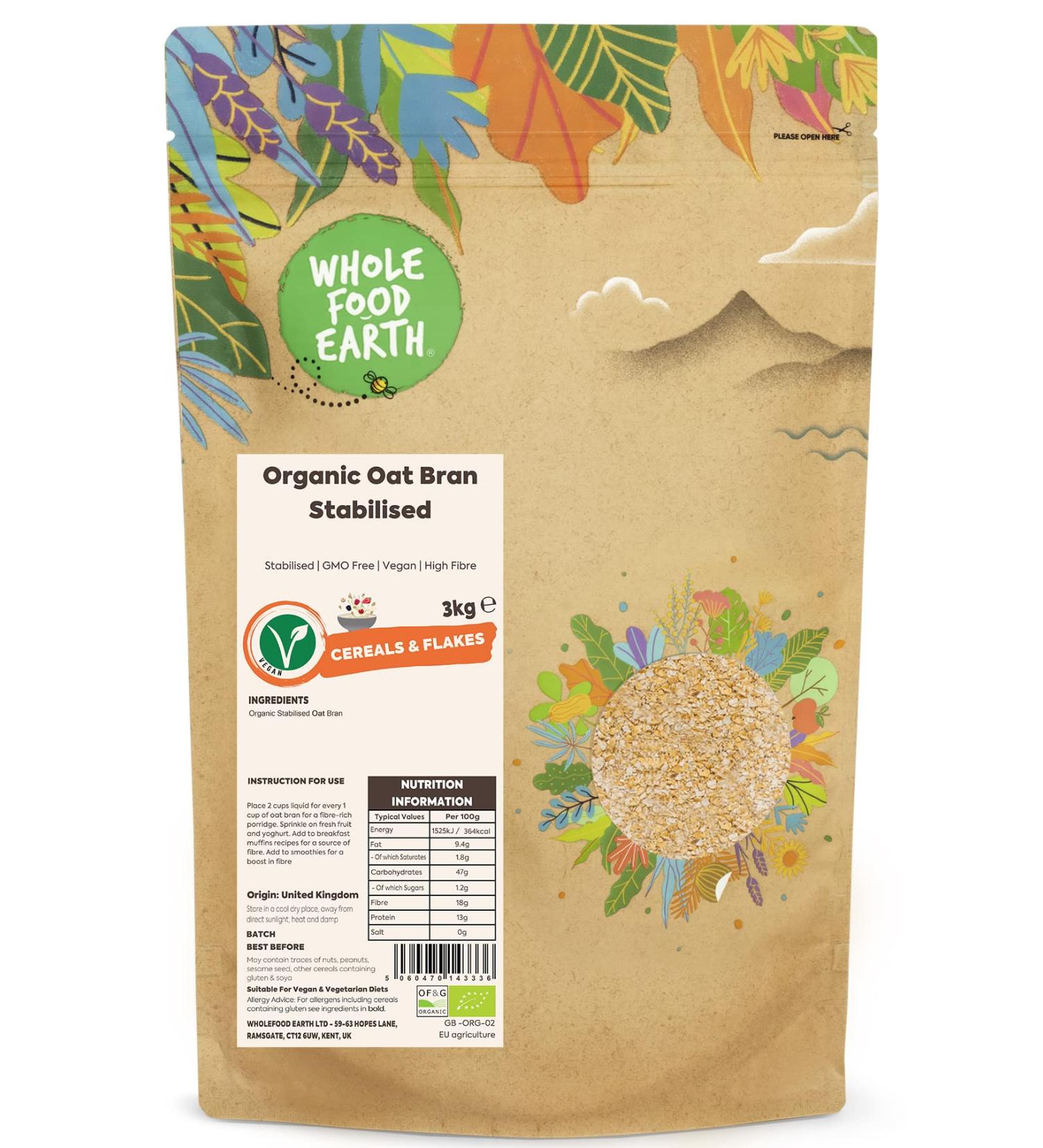 Wholefood Earth Organic Oat Bran Stabilised 3 kg - GMO Free, Vegan, High Fibre - Certified Organic Fruit - Pack of 1 - Buy Online on GoSupps.com