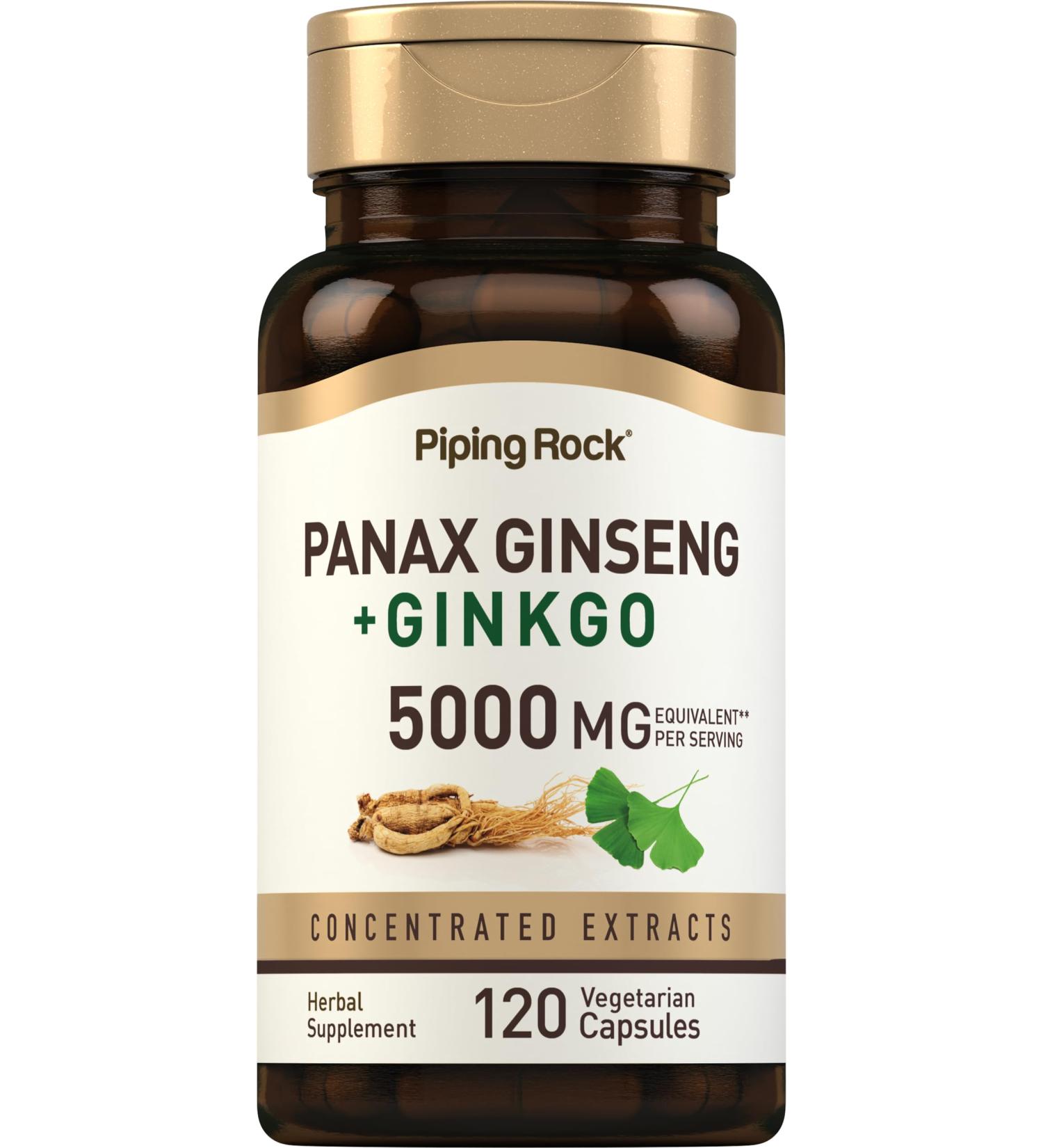 Piping Rock Panax Ginseng & Ginkgo Biloba Supplement | 120 Capsules | with Black Pepper Extract | Vegetarian Non-GMO and Gluten Free Supplement - Buy Online on GoSupps.com