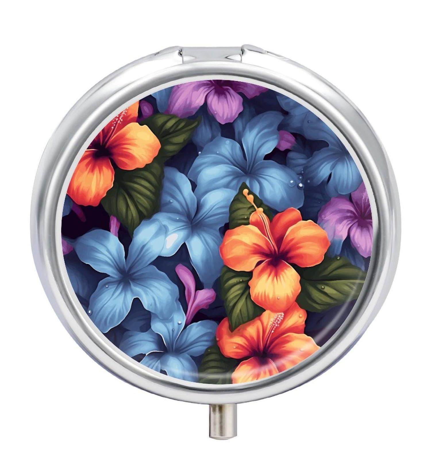 Round Tropical Floral Print Pill Box | 3 Compartment Metal Organizer | Portable & Decorative Medicine Case - Buy Online on GoSupps.com