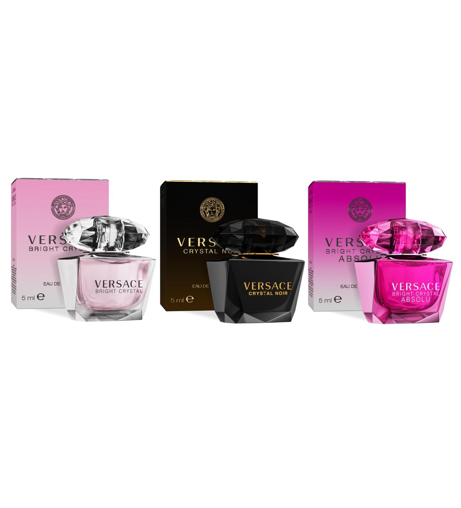 Versace Perfume for Women Set of 3 Mini Bright Crystal Crystal Noir Bright Crystal Absolu Perfume for Women Fragrance Sampler Set Designer Womens Samples (3 Count 0.17 oz)