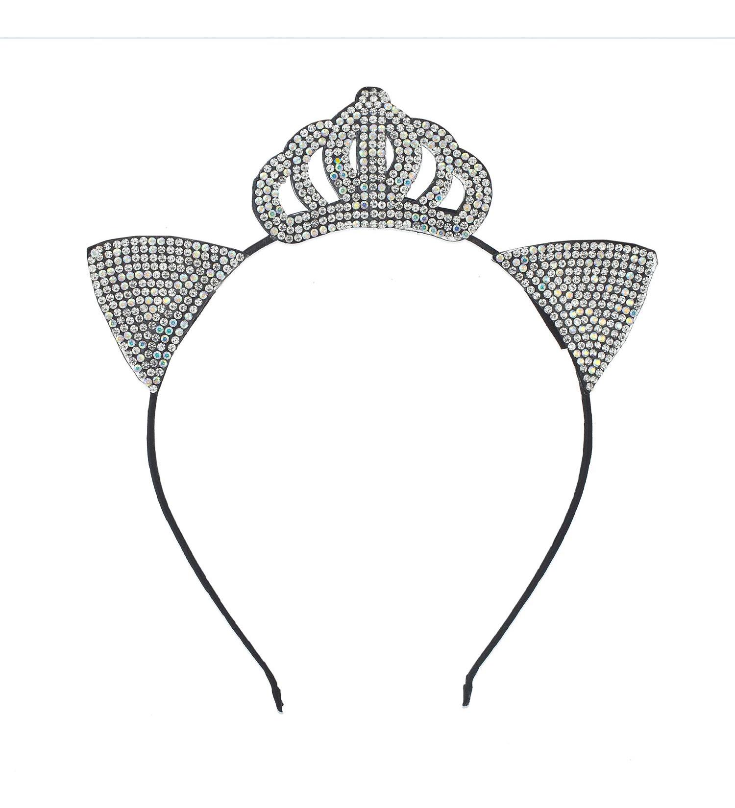 Lux Accessories Halloween Black Kitty Cat Ears Princess Crown Crystal Rhinestones Headband