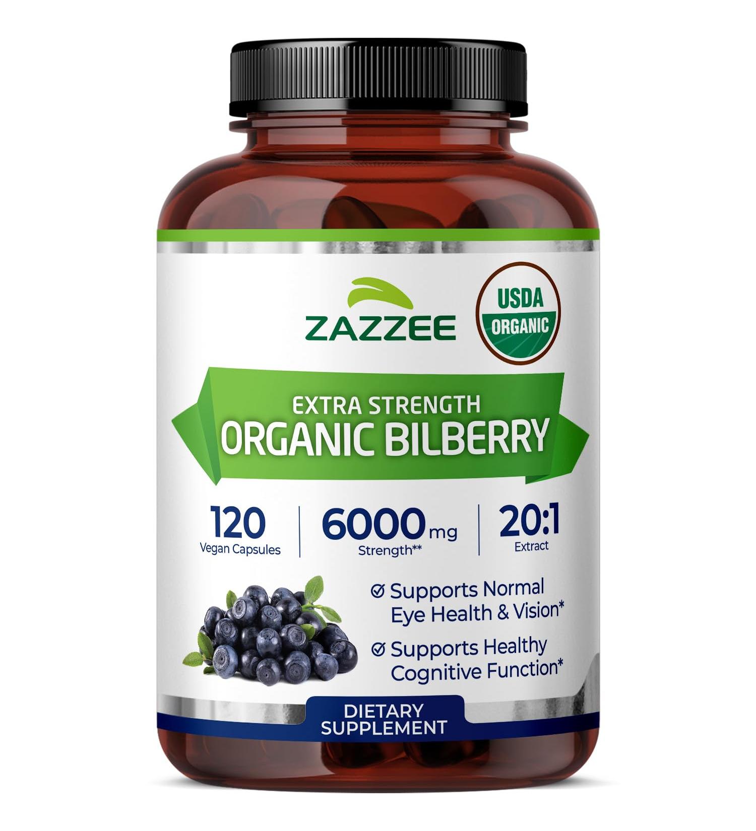 Zazzee USDA Organic Bilberry 20:1 Extract 6000 mg Strength 120 Vegan Capsules 4 Month Supply Standardized and Concentrated 20X Extract 100% Vegetarian All-Natural Non-GMO Made in The USA - Buy Online on GoSupps.com