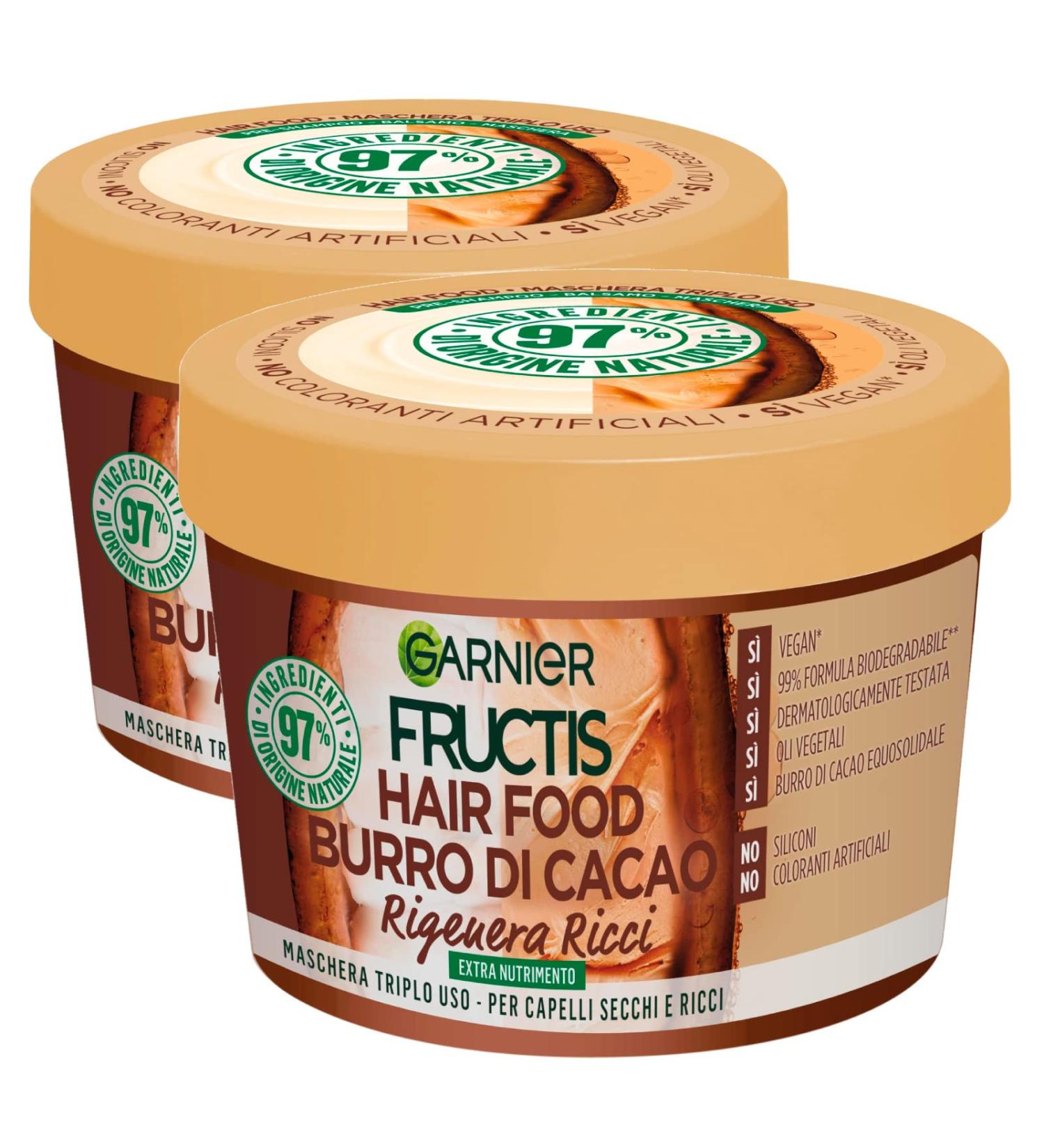 Garnier 2 x Garnier Fructis Hair Food 3-in-1 Regenerating Curly Mask Vegan Treatment with Cocoa Butter for Dry Hair - 2 x 390ml jars