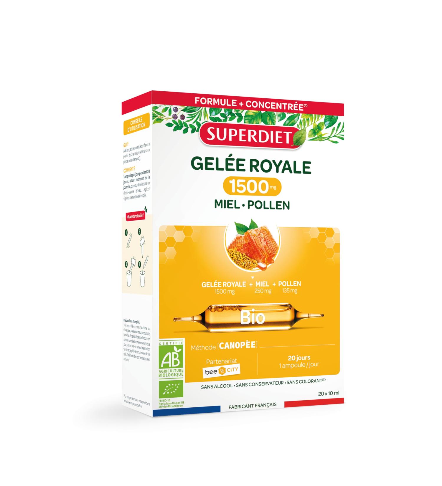 SUPERDIET -ROYALE JEL E 1500MG ORGANIC - Royal jelly honey pollen bio-Immune defenses-French manufacture-20 ampoules of 10 ml - Buy Online on GoSupps.com