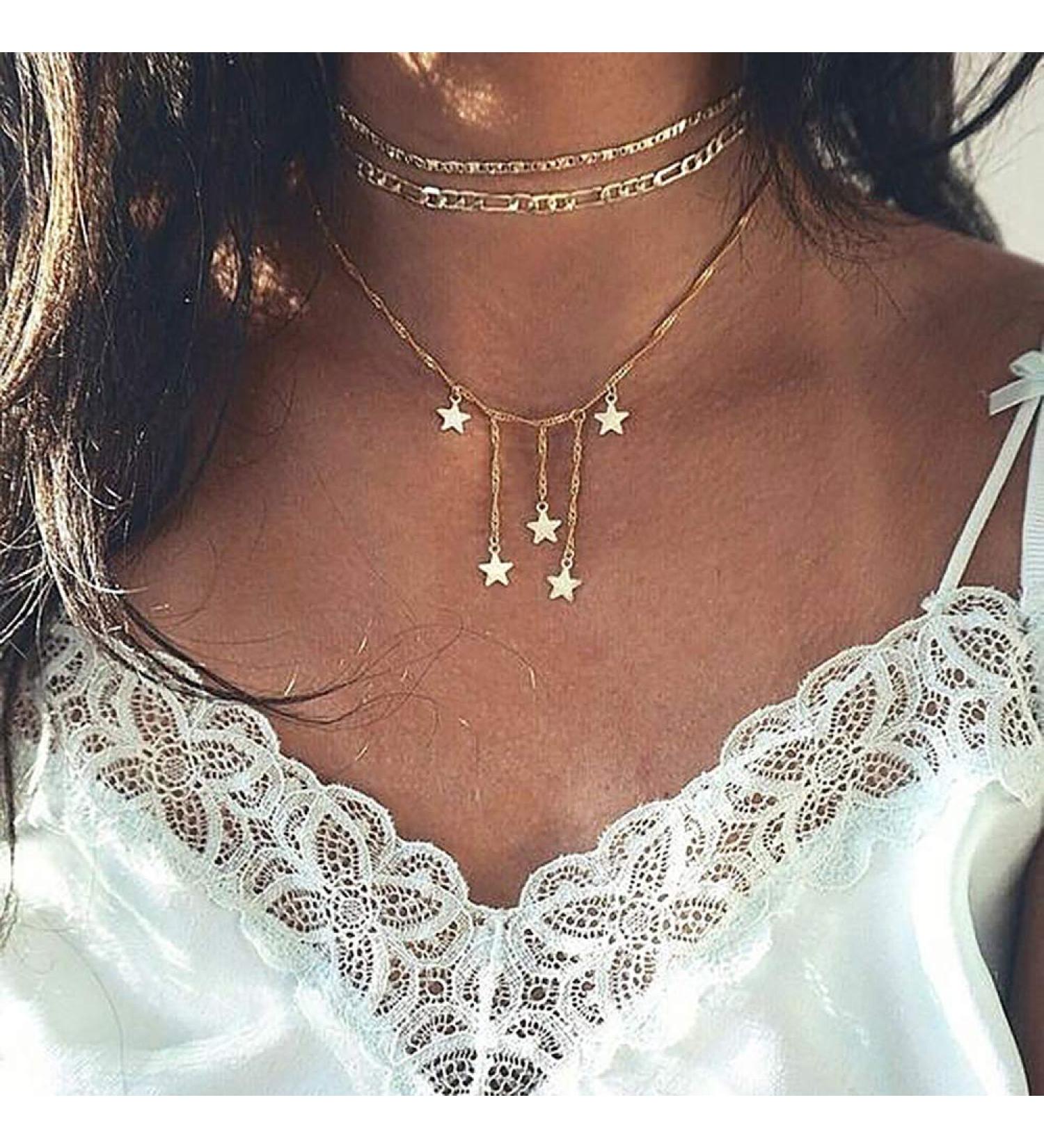 Chic DoubleNine Star Pendant Layering Necklaces - 2 Way Gold Choker & Tassel Charm Jewelry Set for Bridesmaids & Girls - Buy Online on GoSupps.com