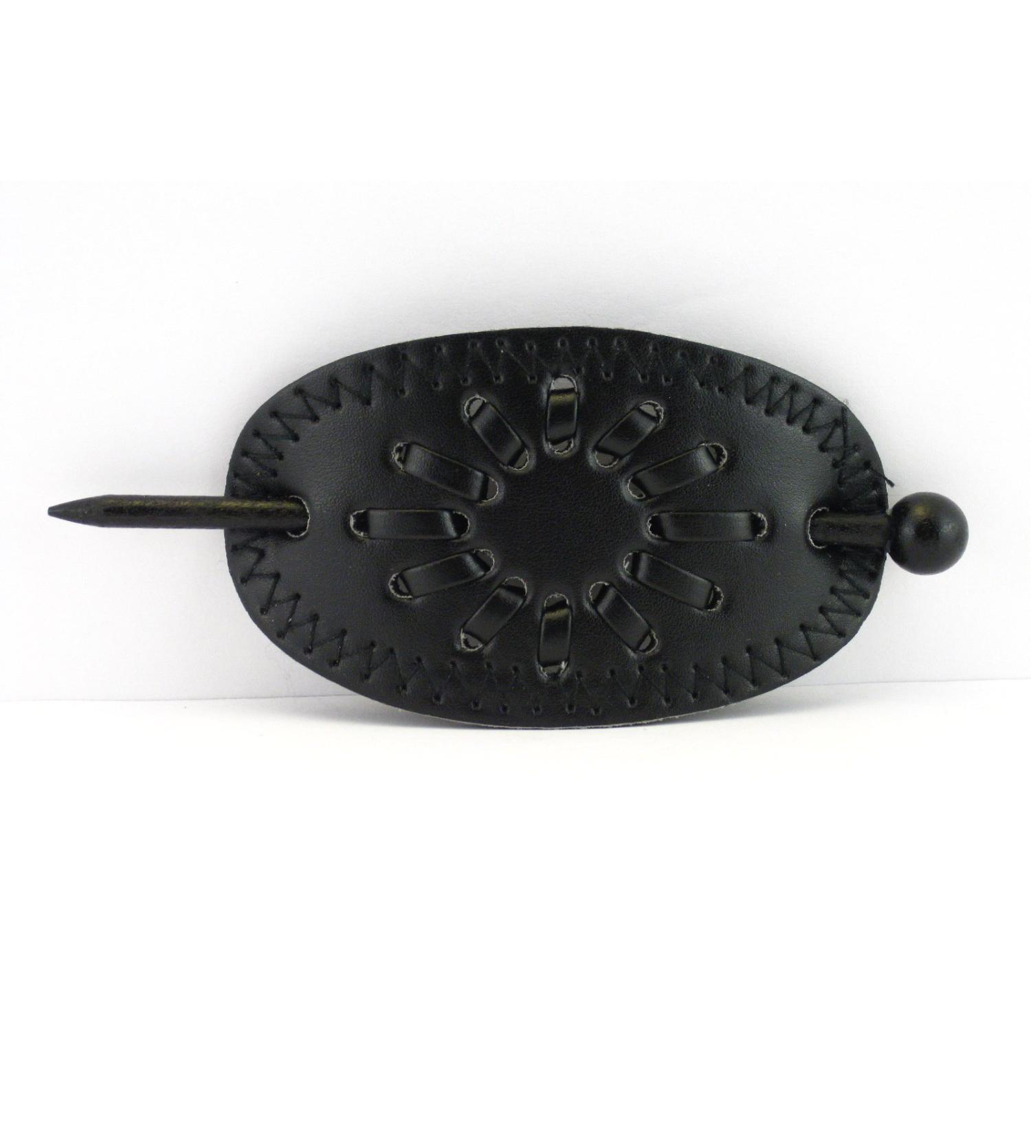 Leather With Wood Slide Stick Oval Hair Pin Barrette female (Black)