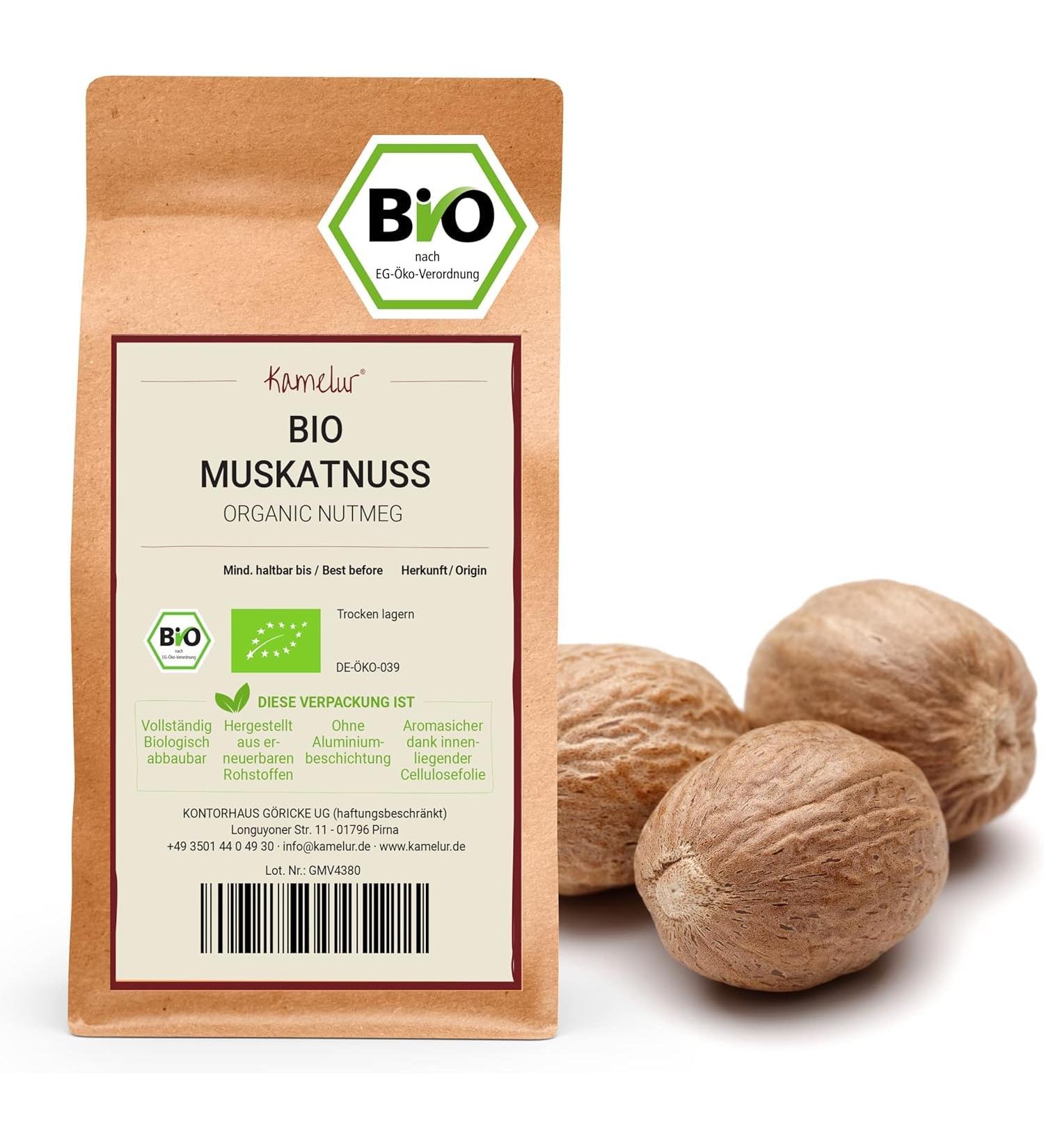  Kamelur 250g of whole organic nutmeg - hand-picked nutmeg of the finest organic quality - for the nutmeg grinder - in biodegradable packaging - Buy Online on GoSupps.com