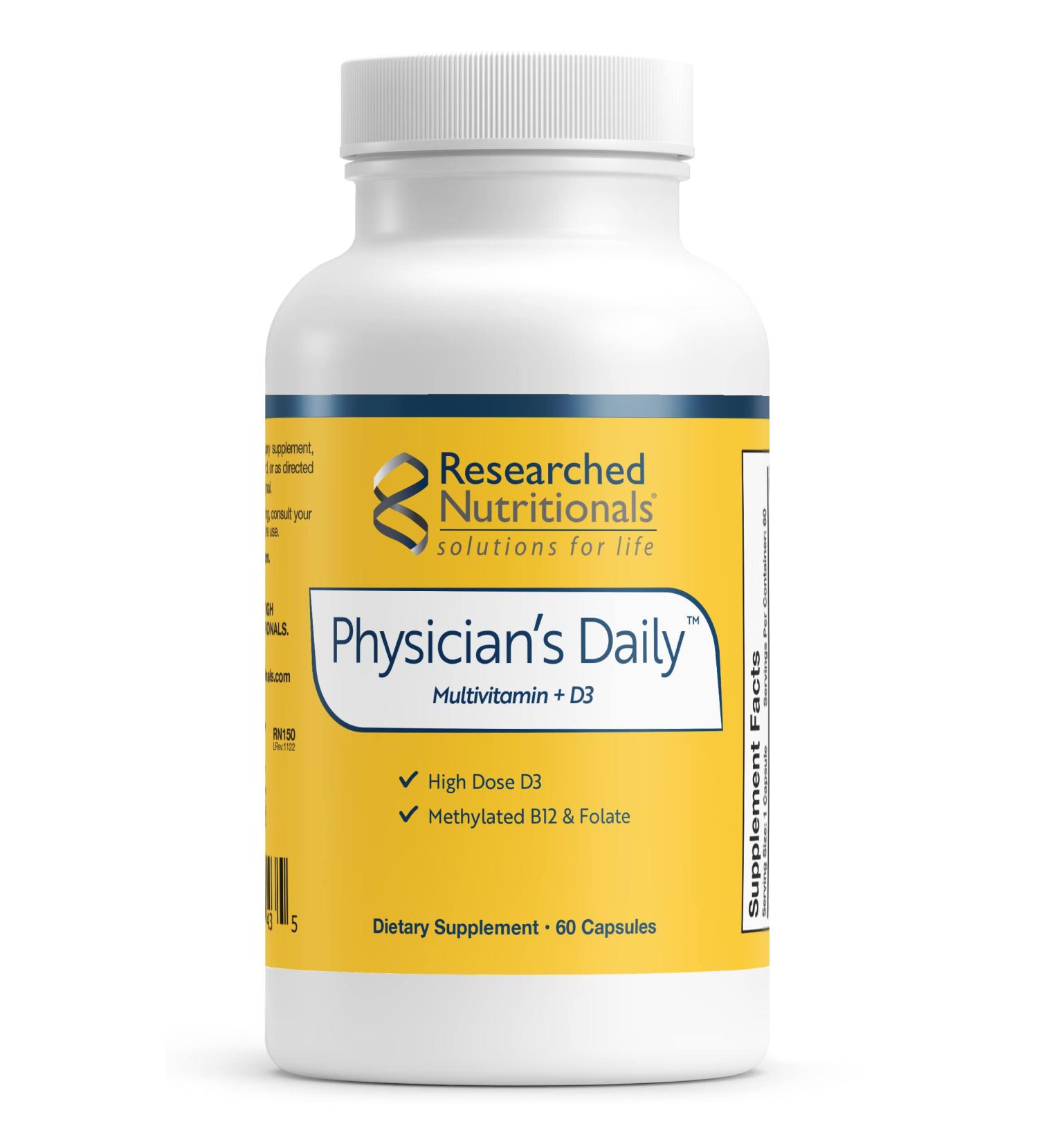 Researched Nutritionals Physician's Daily + D3 Supplement - Daily Multivitamin for Men and Women with Vitamin D3 2000iu, Vitamin B12, Vitamin B6 + Methylated Folate (60 Capsules) - Buy Online on GoSupps.com