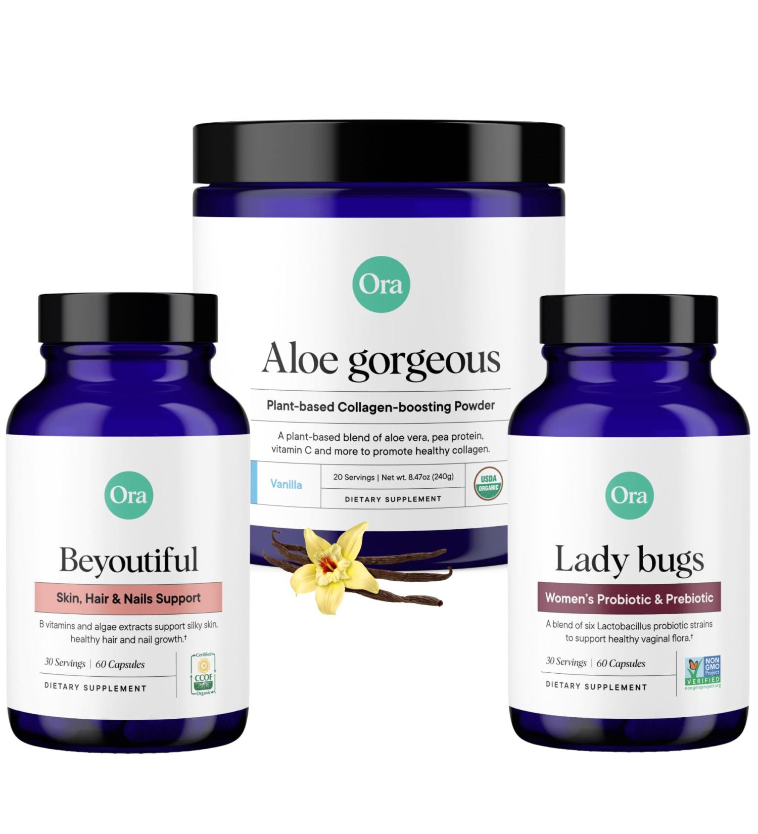 Ora Organic Vegan Collagen Probiotics Prebiotics & BeYouTiful Bundle: Aloe Vera - Vanilla Flavor 20 Servings + 60 Vegan Probiotic Capsules + Hair Skin & Nails Support 60 Vegan Capsules - Buy Online on GoSupps.com