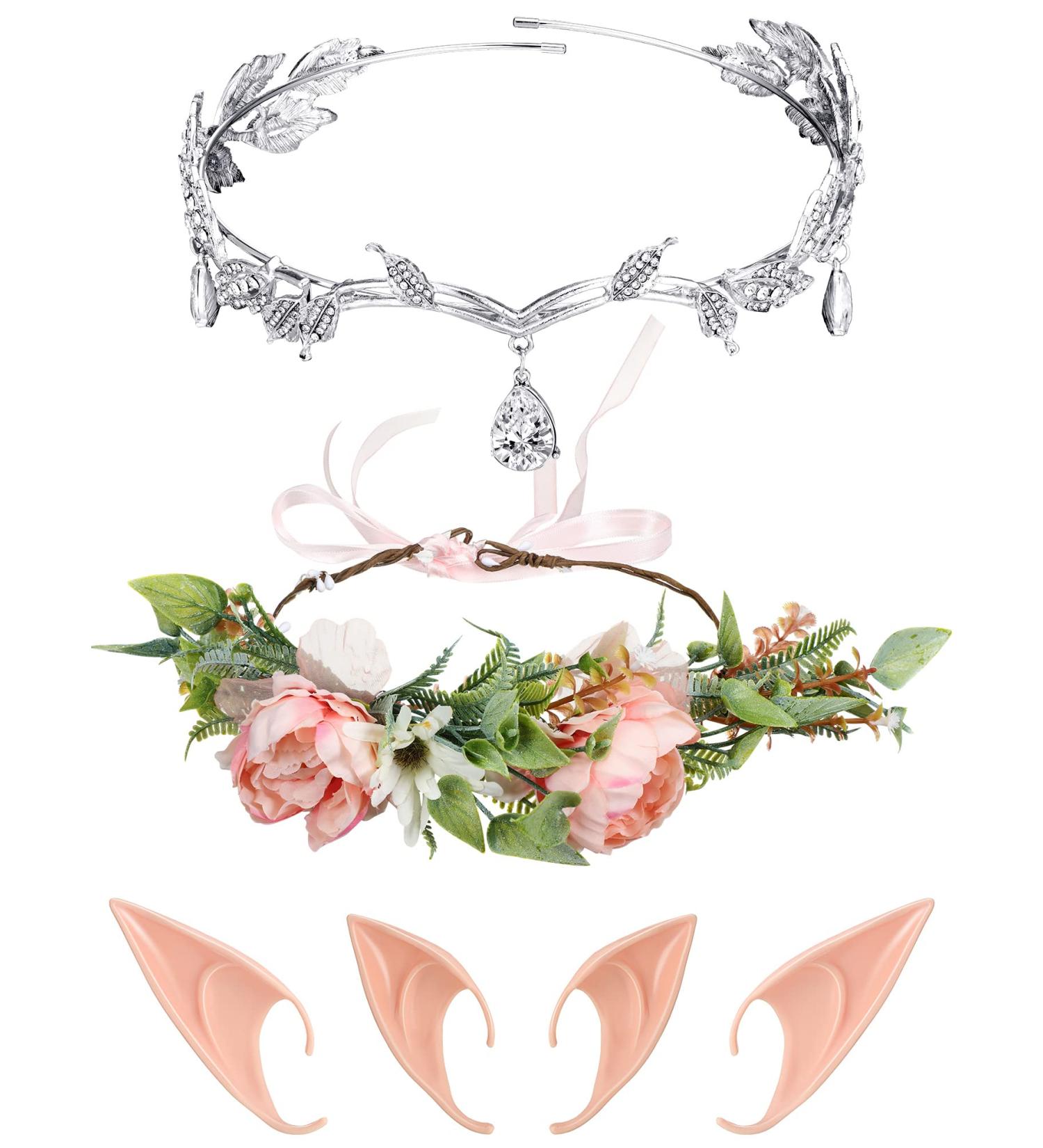 Elf Ears with Headband & Rhinestone Tiara Set for Women - Wedding & Cosplay Accessories - Buy Online on GoSupps.com
