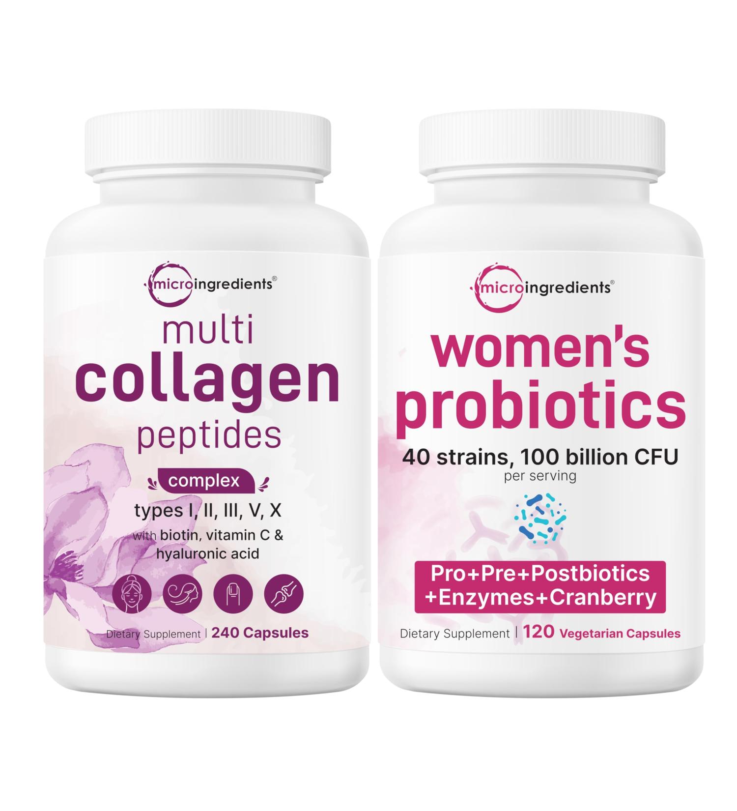 Micro Ingredients 8-in-1 Multi Collagen Pills & Women s Probiotics 100 Billion CFU Veggie Capsules | 2 Pack | Hydrolyzed Peptides + Hyaluronic Acid & Vitamin C | 40 Strains + Cranberry & D-Mannose - Buy Online on GoSupps.com