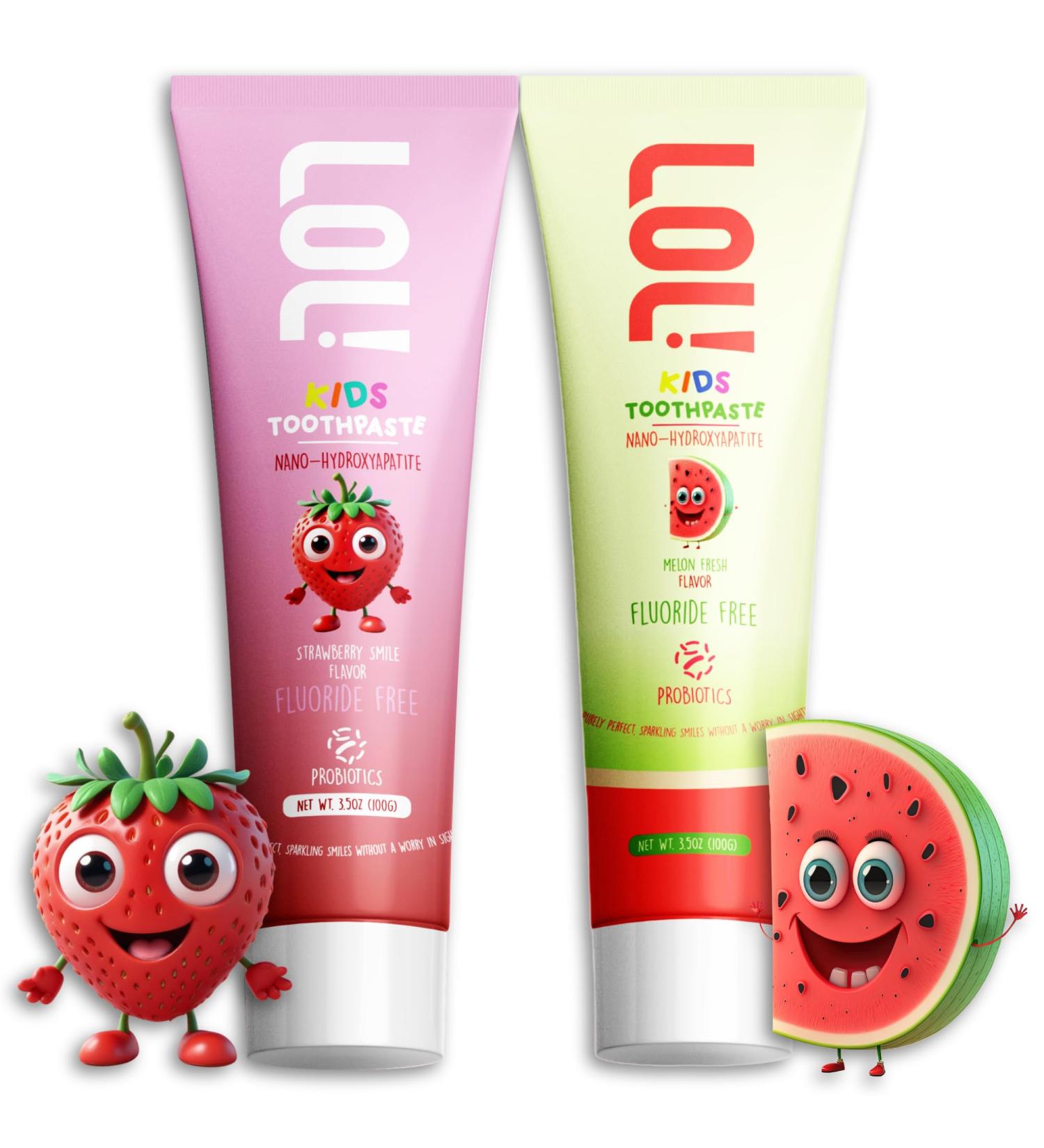 LOL Kids Toothpaste | Fluoride Free 2-Flavors Pack | Nano Hydroxyapatite Toothpaste Probiotics Vitamins A C E | Safe if Swallowed No SLS | 1 Strawberry 1 Melon Flavor  - Buy Online on GoSupps.com