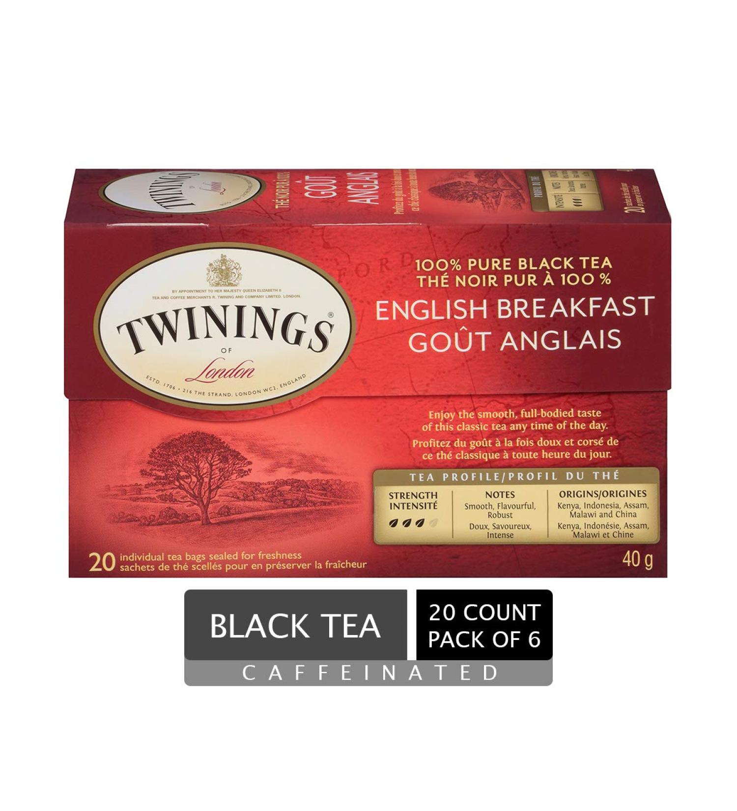 Twinings English Breakfast Individually Wrapped Tea Bags | Smooth Flavourful Black Tea | 20 Count (Pack of 6) | Enjoy Hot or Iced English Breakfast 20 Count (Pack of 6) - Buy Online on GoSupps.com