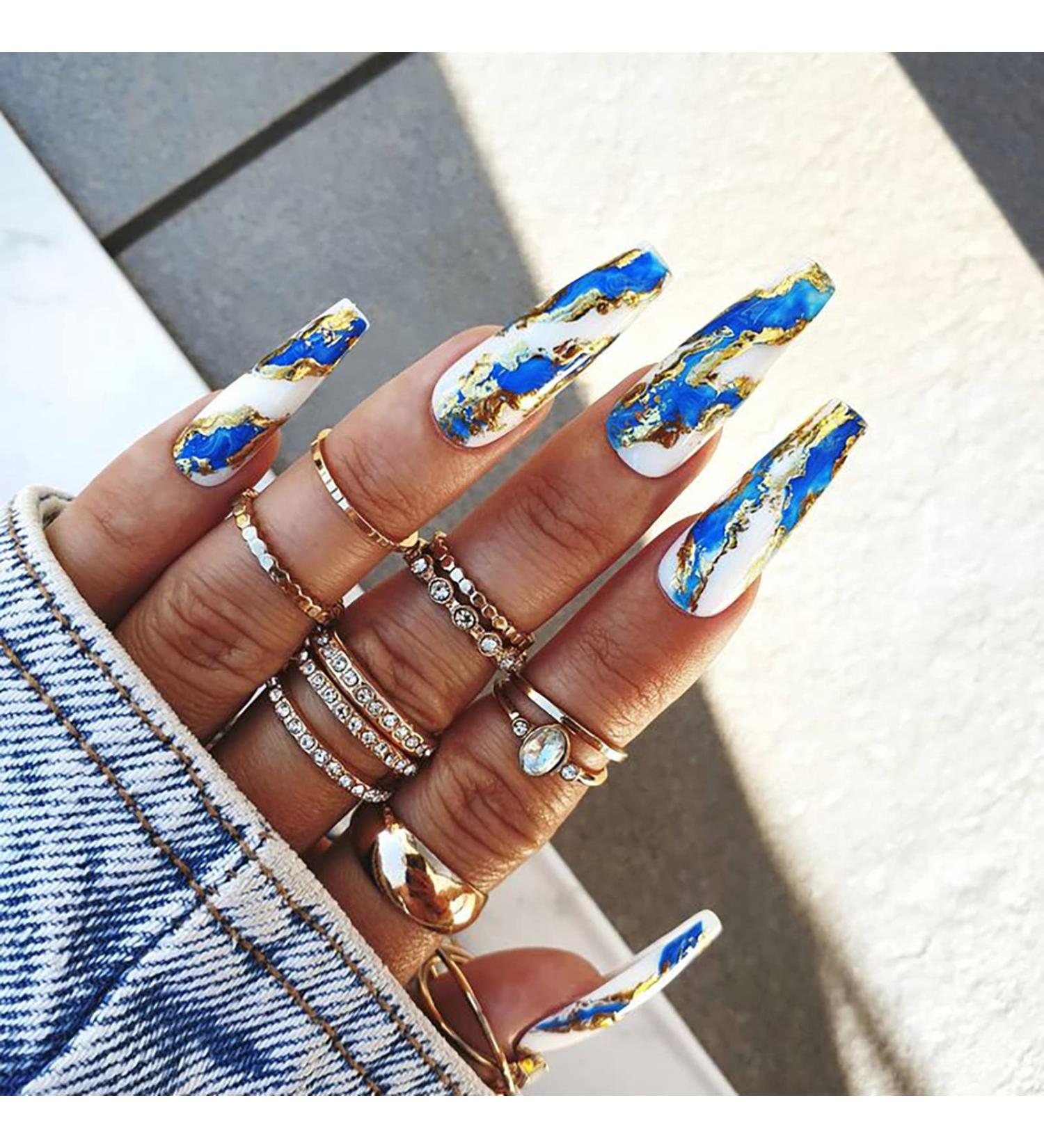Artquee 24pcs Blue Press on Nails Long Ballerina - Glossy Acrylic Fake Nails with Gold Stroke Designs - Coffin False Tips for Women and Girls - Buy Online on GoSupps.com