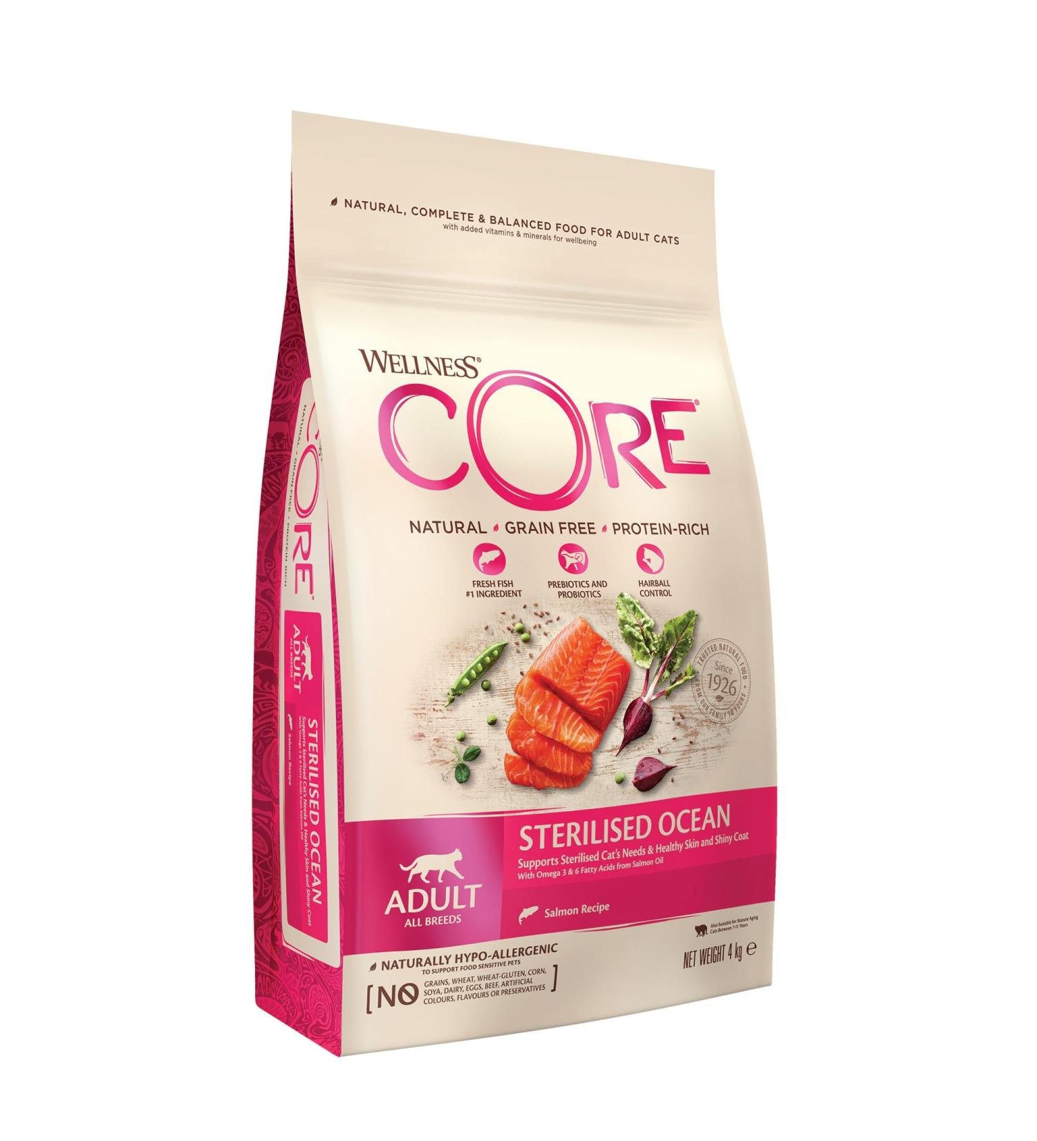 Wellness CORE Sterilised Ocean Cat Food - Grain-Free High Meat Salmon & Tuna 4 kg for Sterilized Cats - Buy Online on GoSupps.com