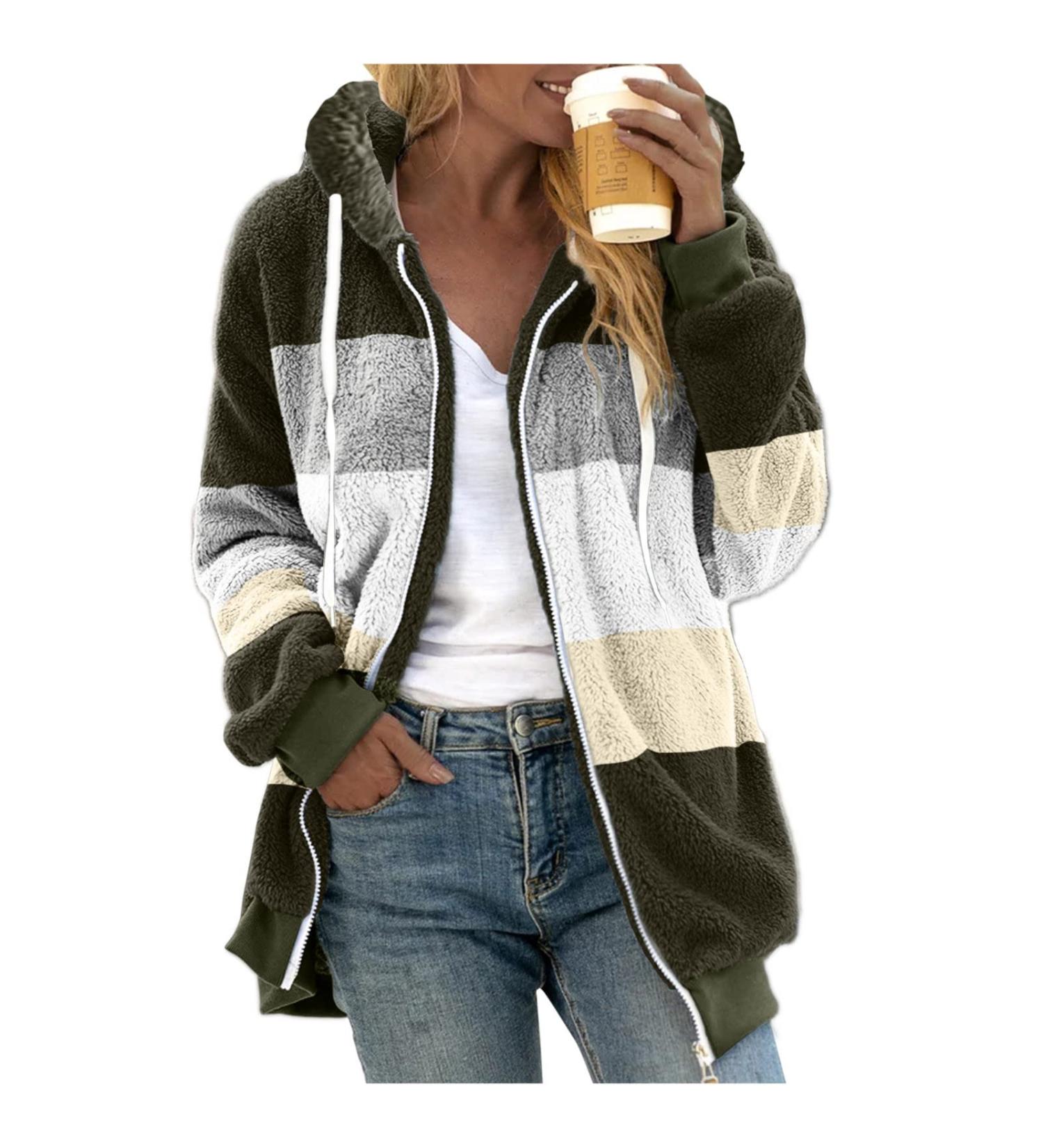 Hanxiulin Women's Fleece Plush Jacket - Warm Zipper Wool Coat Fluffy Autumn Outerwear Elegant Winter Trench in 5XL B-Army Green - Buy Online on GoSupps.com