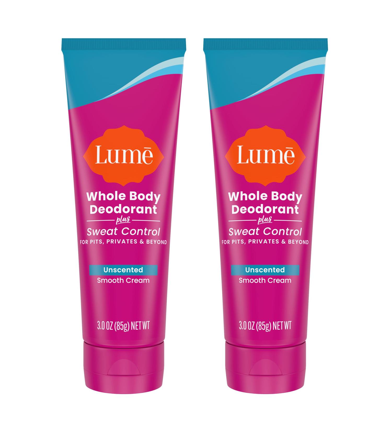 Lume Whole Body Deodorant Plus Sweat Control - Smooth Cream Tube - 72 Hour Odor And Sweat Control - Baking Soda Free Skin Loving - 3.0 ounce (Pack of 2) (Unscented) - Buy Online on GoSupps.com