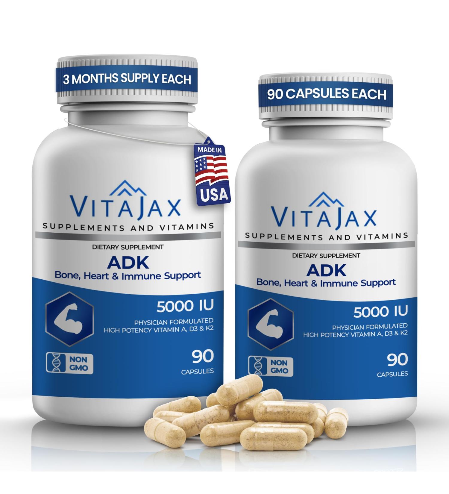 VITAJAX ADK - Vitamin ADK Supplement 180 Capsules - High Potency Vitamin A D3(5 000 IU) K2 as MK-7 for Bone Heart & Calcium Absorption Non-GMO Gluten Free (6 Month Supply) 2 Pack - Buy Online on GoSupps.com
