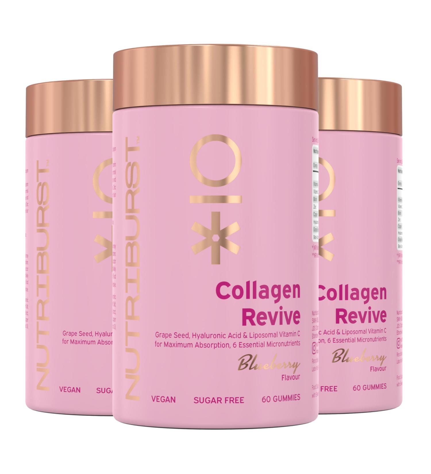 Nutriburst - Vegan Collagen Revive Gummies Multipack - Biotin (50 g) Hyaluronic Acid (100mg) + Vitamin C (80mg) - Support Natural Collagen Production Healthy Hair Nails & Bones - 3 Month Supply Collagen Booster - Biotin Hyaluronic Acid 60 count (Pack of 3 - Buy Online on GoSupps.com