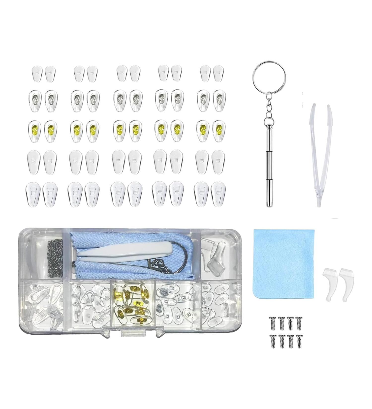 Spectacle Repair Kit - 50Pcs Glasses Screws, Silicone Nose Pads, Expert Replacement Parts Set for Eyeglasses & Sunglasses - Includes Bridge Support, Tweezers, Mirror Cloth - Buy Online on GoSupps.com