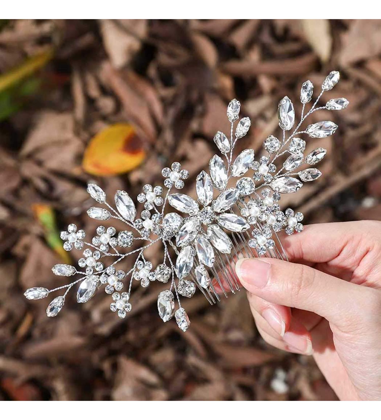 Unsutuo Crystal Bride Wedding Hair Comb - Silver Rhinestone Flower Bridal Hair Piece with Pearls | Women & Girls Accessories - Buy Online on GoSupps.com