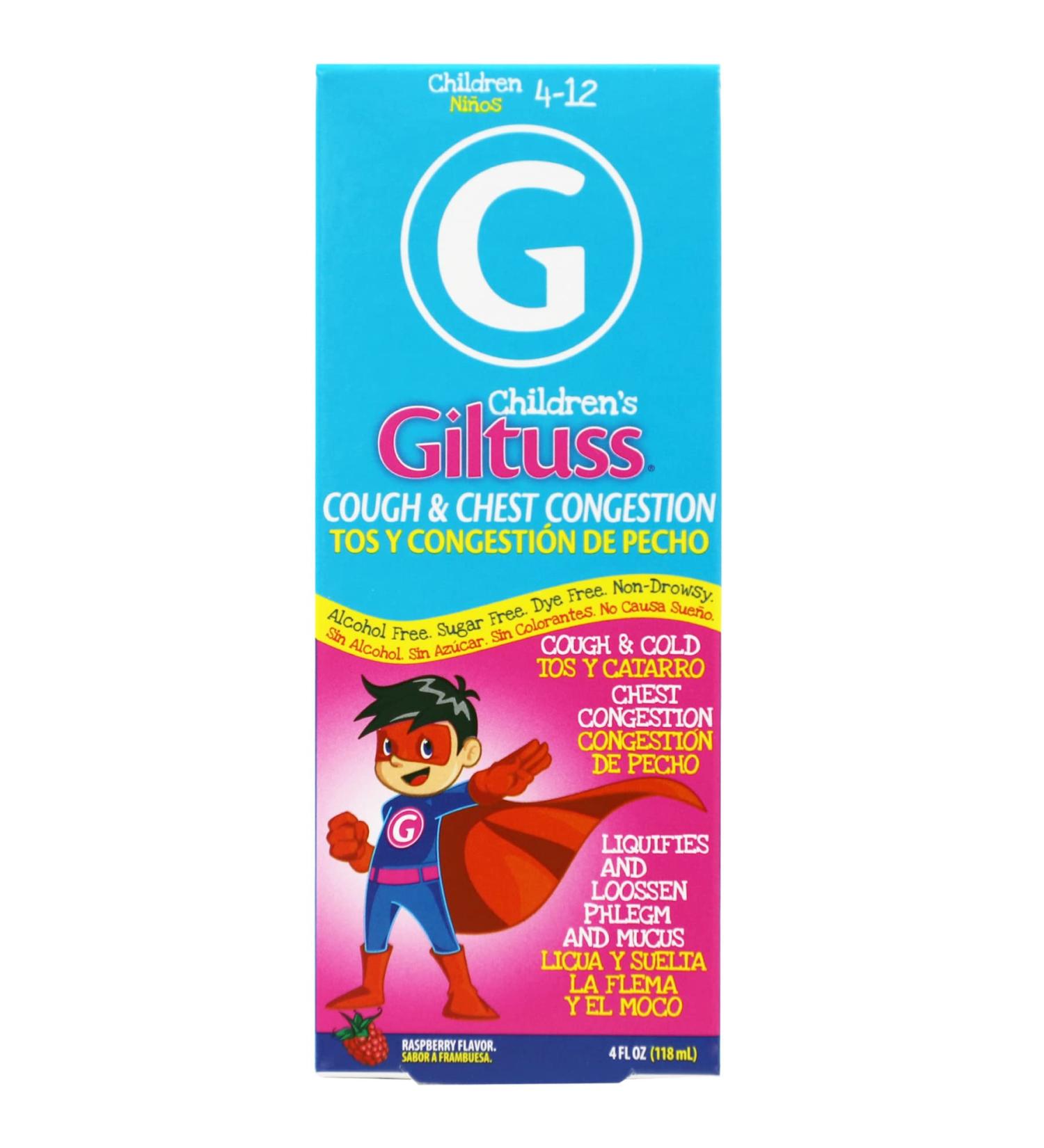 Giltuss Children's Cough & Cold Syrup - Alcohol-Free Sugar-Free Relief for Chest Congestion & Flu Symptoms Raspberry Flavor 4 Fl Oz - Buy Online on GoSupps.com