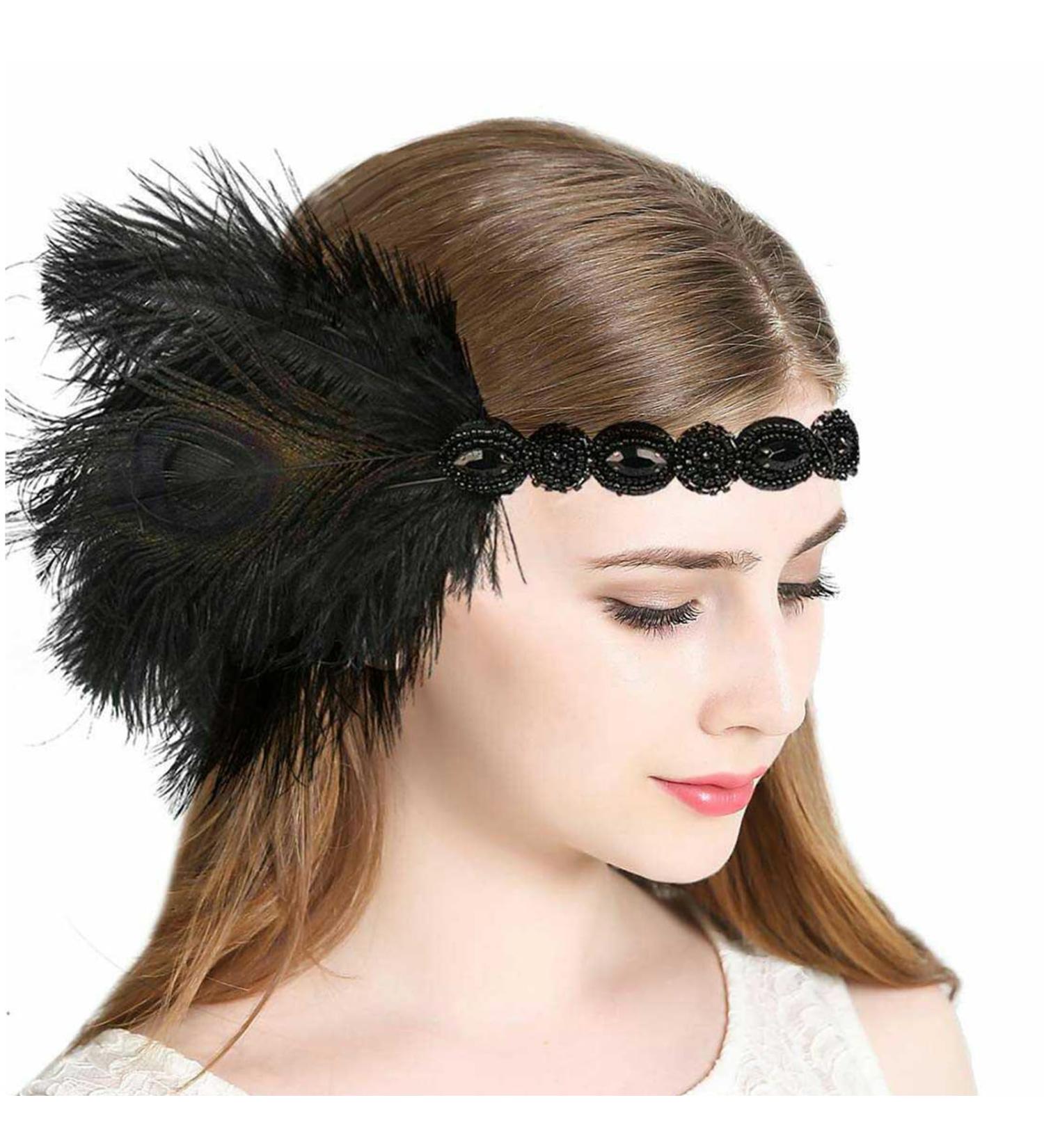 amangul Feather Headpiece Woman Carnivals Flapper Headband Mardi Gras Headpiece Masquerade Headpiece Gatsbys Headpiece(Black) - Buy Online on GoSupps.com