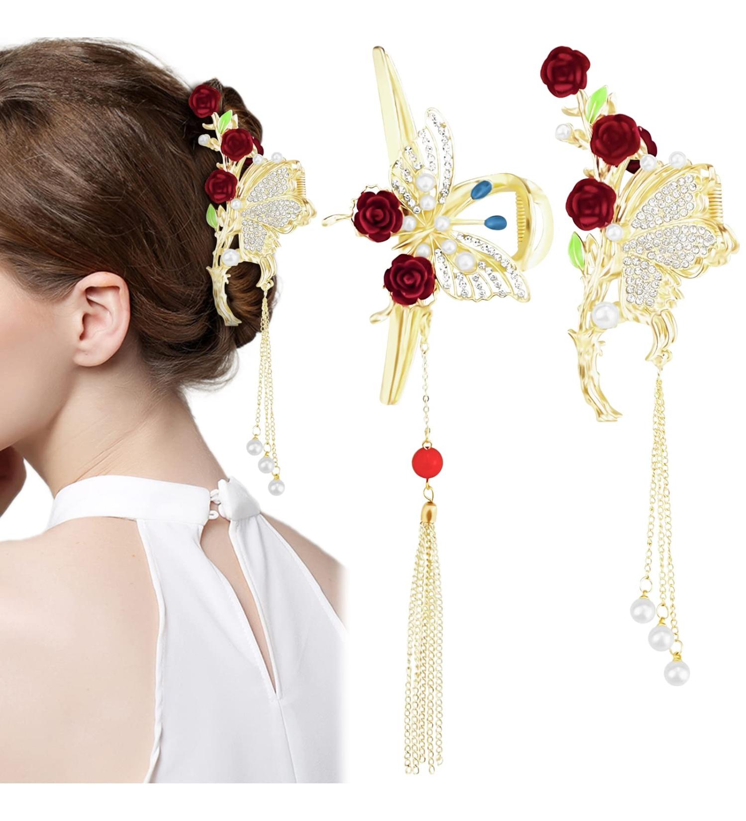Rose Butterfly Tassel Hair Claw Clips Set - Elegant Floral Design with Pearls and Rhinestones, Strong Hold Hair Clamps for Women - Buy Online on GoSupps.com