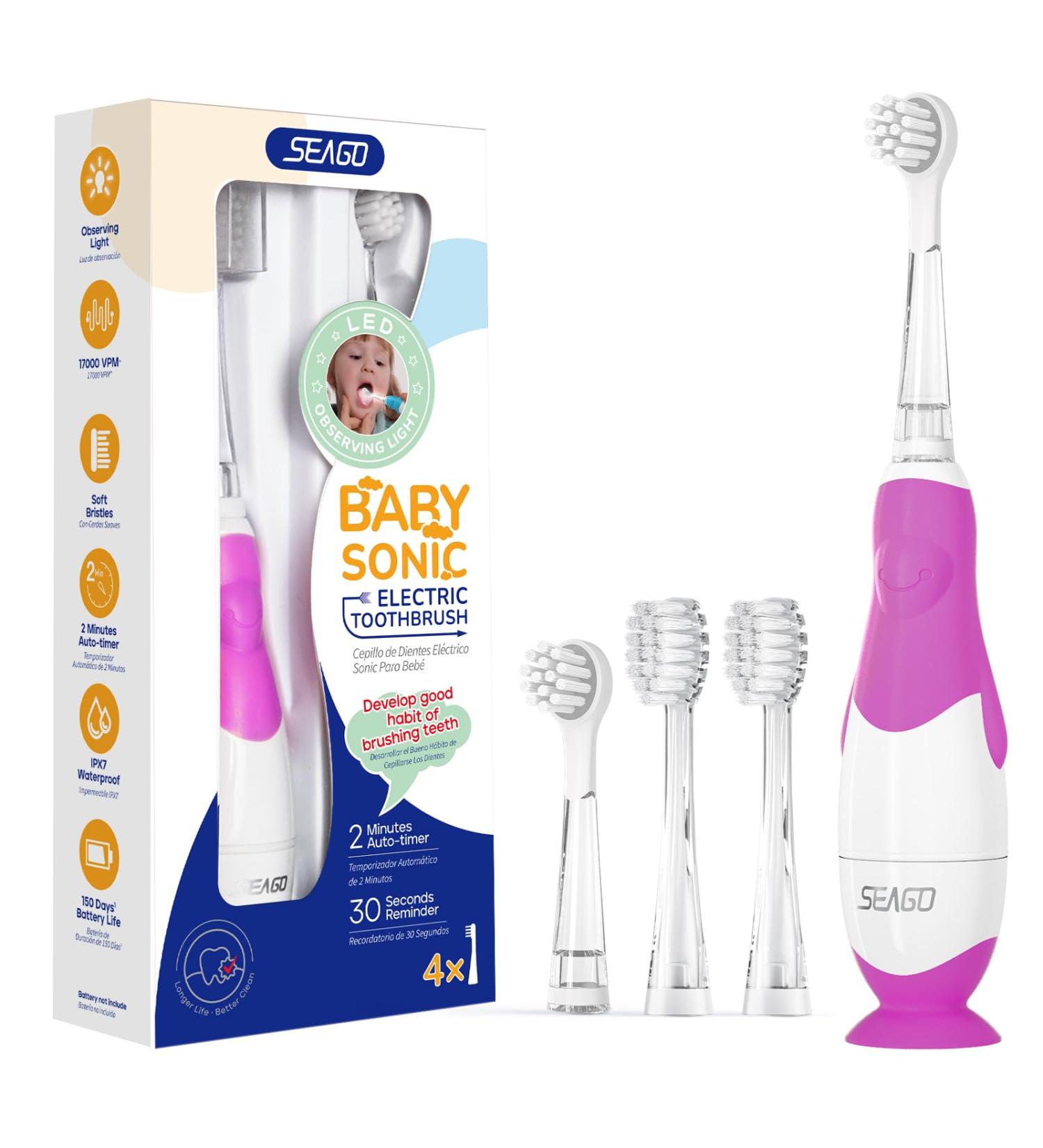 SEAGO Toddler Electric Toothbrush for Ages 0-3 | Smart Timer Suction Base & 4 Brushheads - Purple-C - Buy Online on GoSupps.com