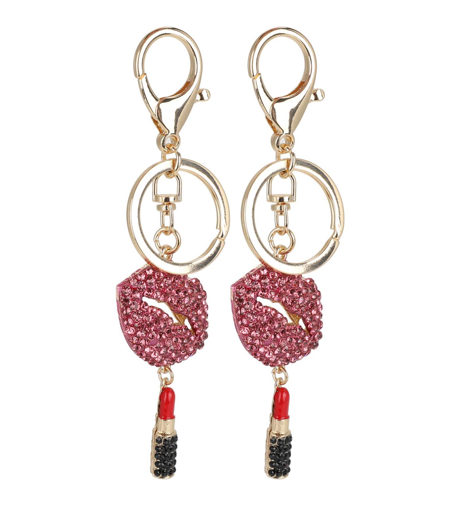 2Pcs Lips & Lipstick Sparkling Charm Keychain Set - Pink Cosmetic Bling Accessory - Buy Online on GoSupps.com