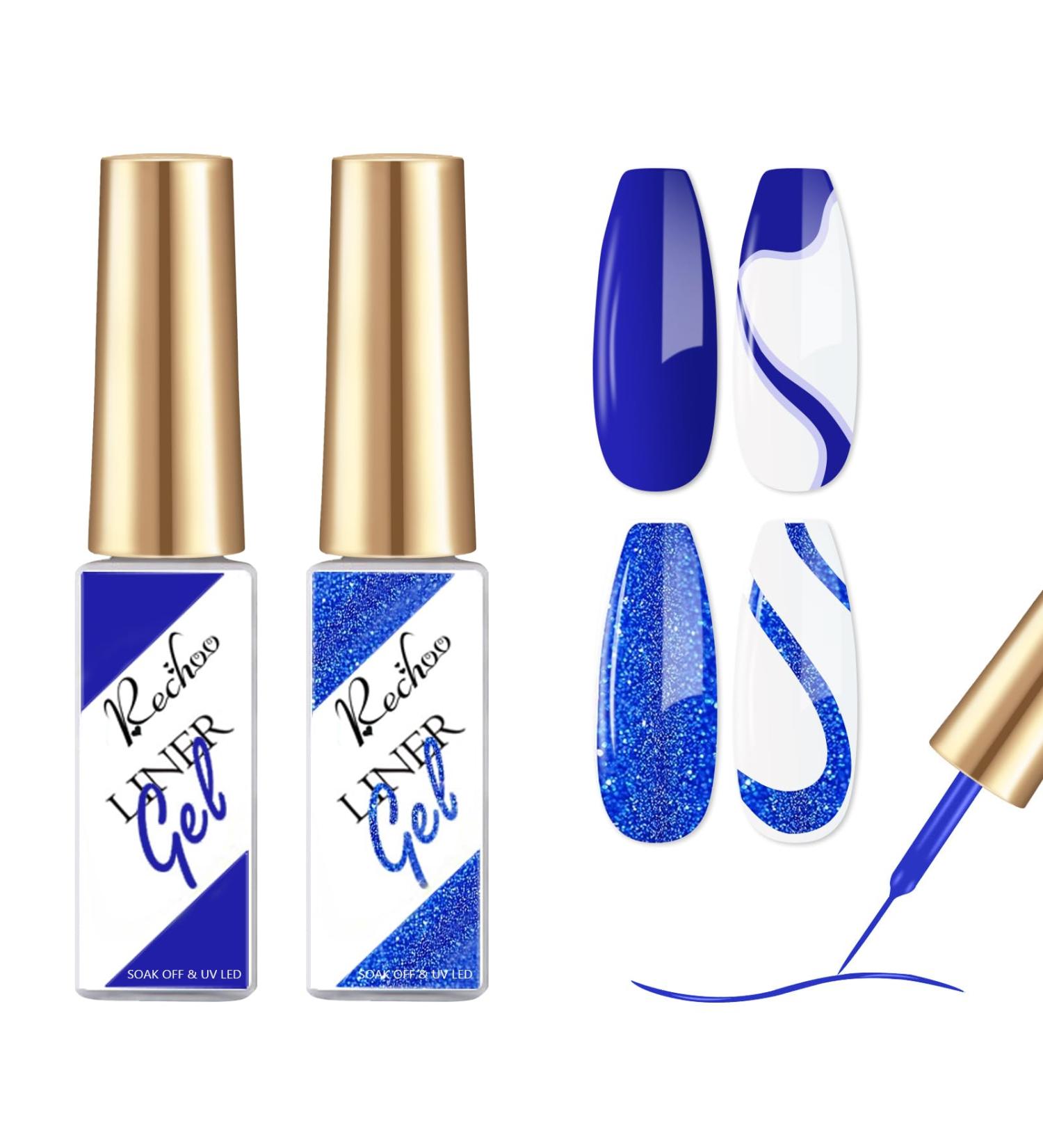 Rechoo Liner Nail Gel Polish-10ML*2 Blue Matte & Glitter Gel Nail Polish for Fineliner Nail Art Matte and Shimmer French Manicure Nail Polish Shellac Color Gel with thinner Brush J-2-Blue & Glitter - Buy Online on GoSupps.com