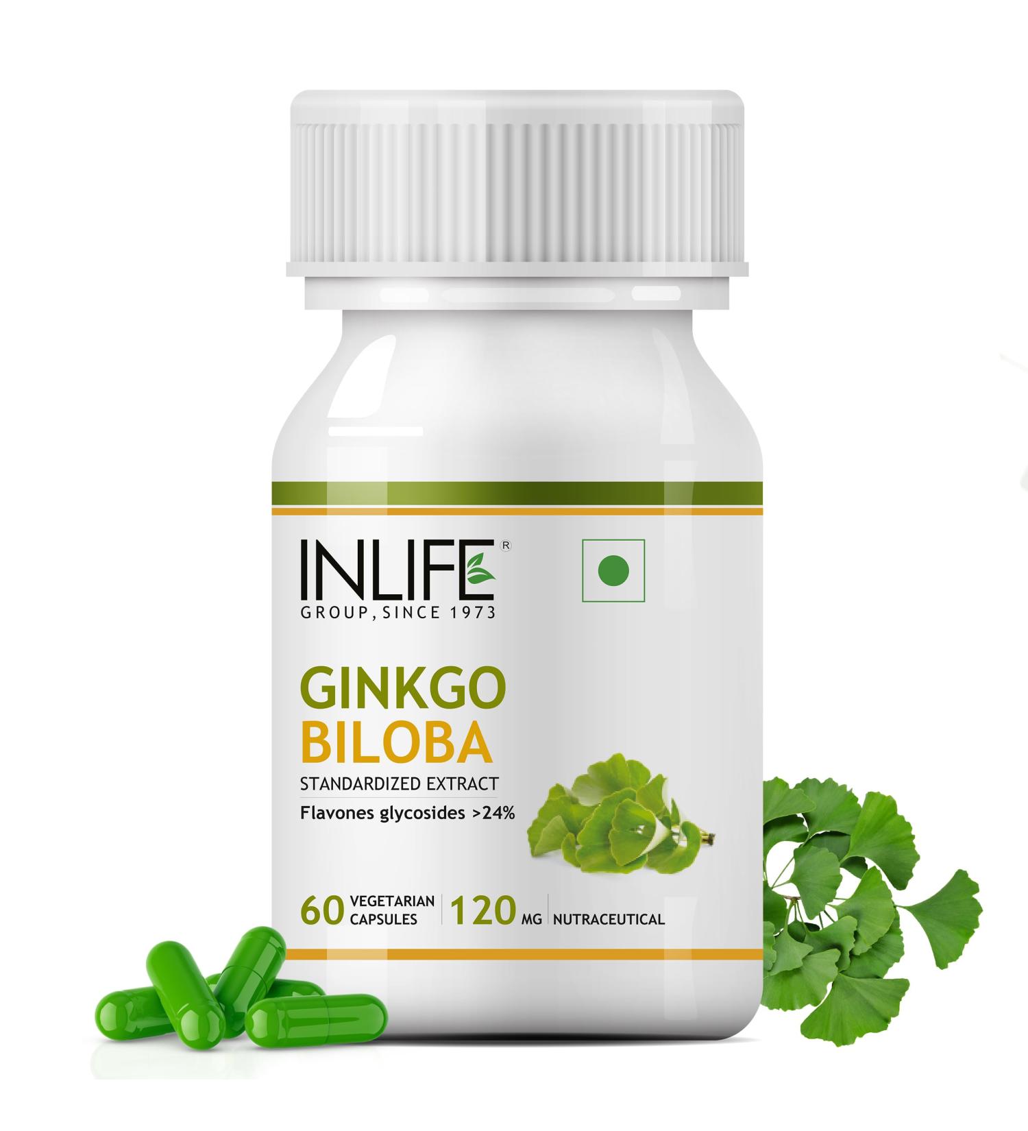 INLIFE Ginkgo Biloba Extract Capsules 120mg | Herbal Supplement - 60 Vegetarian Capsules - Buy Online on GoSupps.com