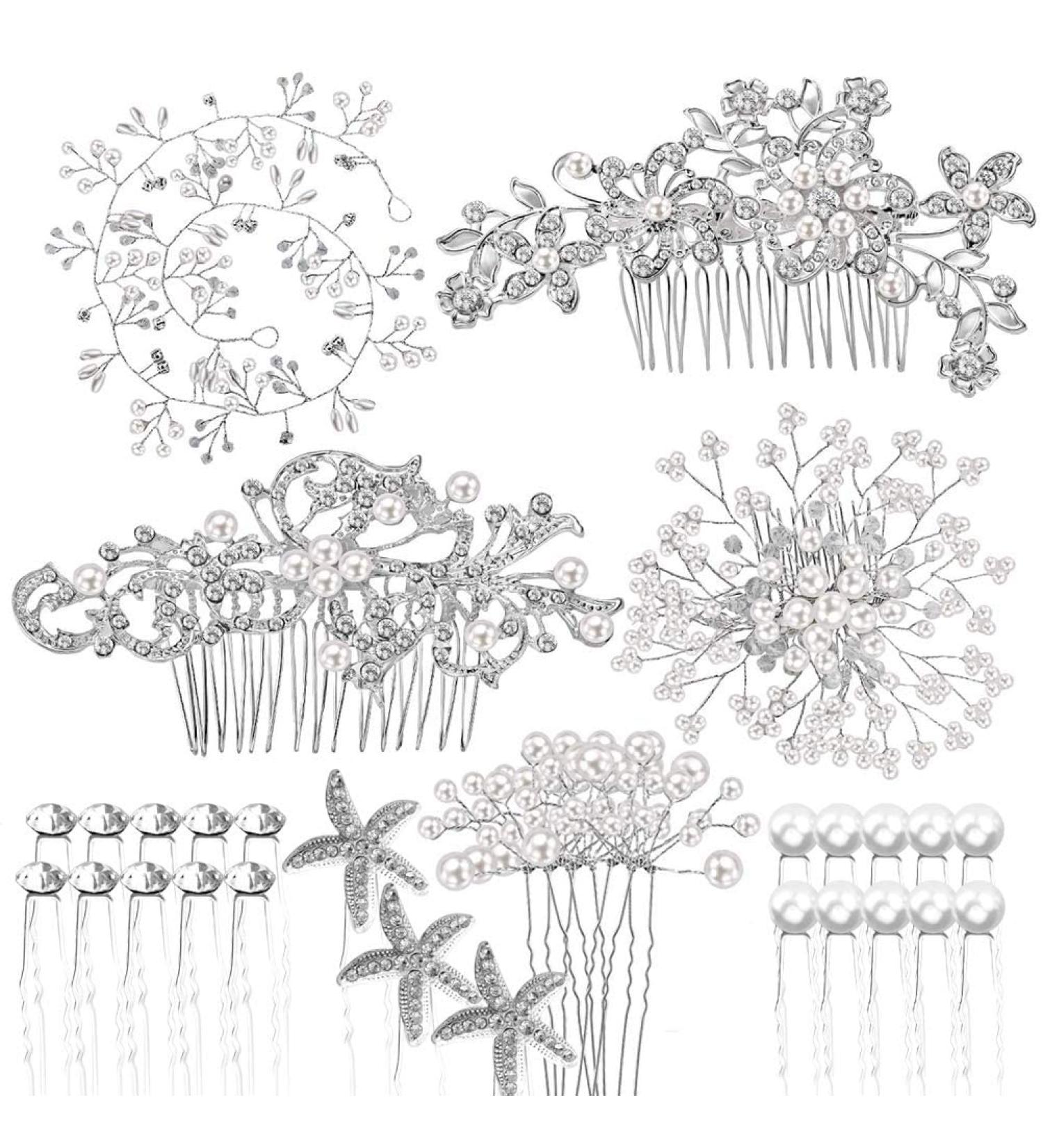 Bridal Wedding Hair Combs - 44 Pcs Pearl Crystal Accessories | Silver Rhinestone Spiral Pins for Brides, Bridesmaids - U Shaped Clips for Women - Buy Online on GoSupps.com