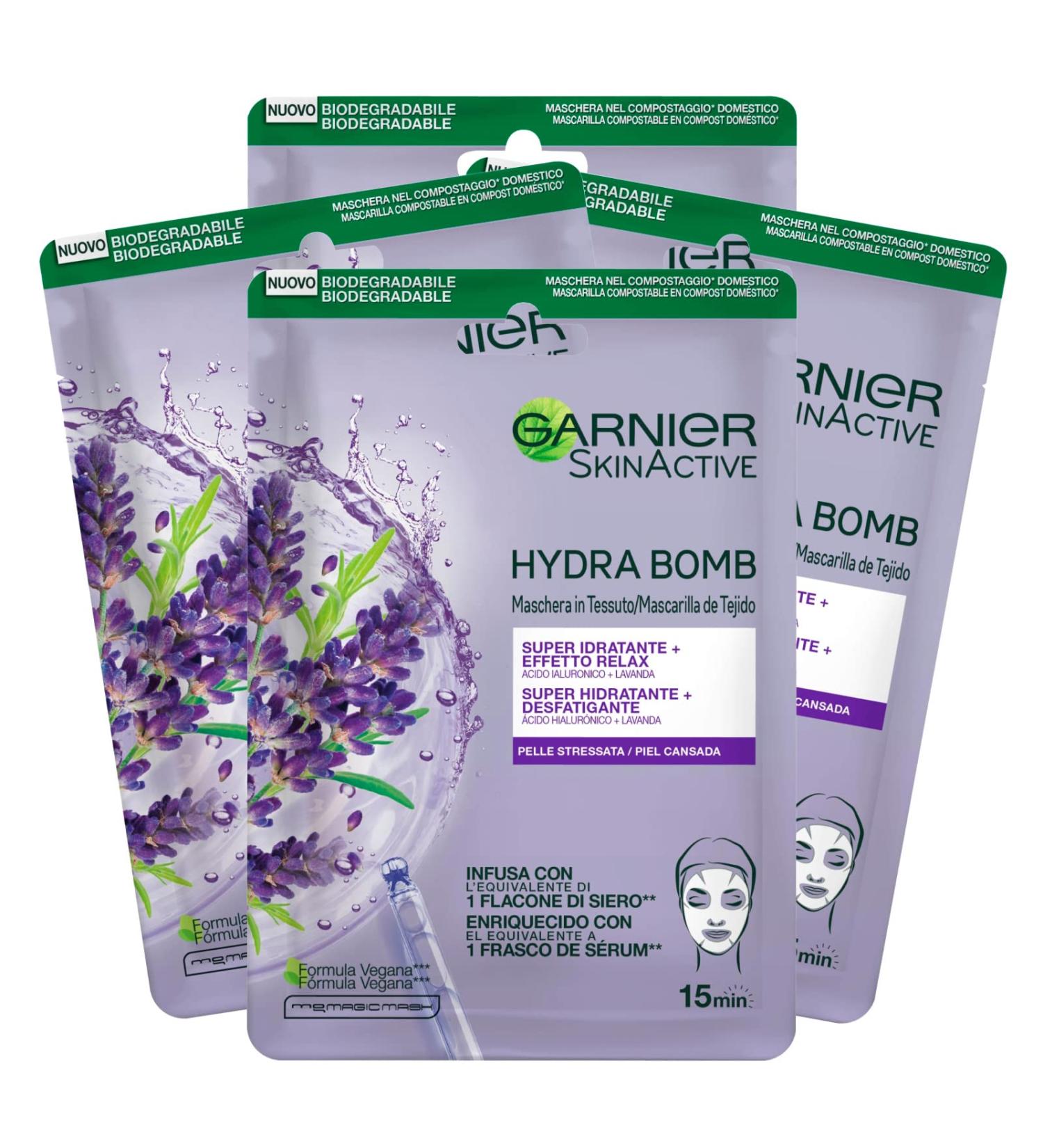 Garnier SkinActive Hydra Bomb Super Moisturizing Sheet Face Mask with Relaxing Effect Vegan Formula with Lavender and Hyaluronic Acid with Relaxing Action for Stressed Skin - 4 Disposable Masks 4x Hydra Bomb Super Moisturising