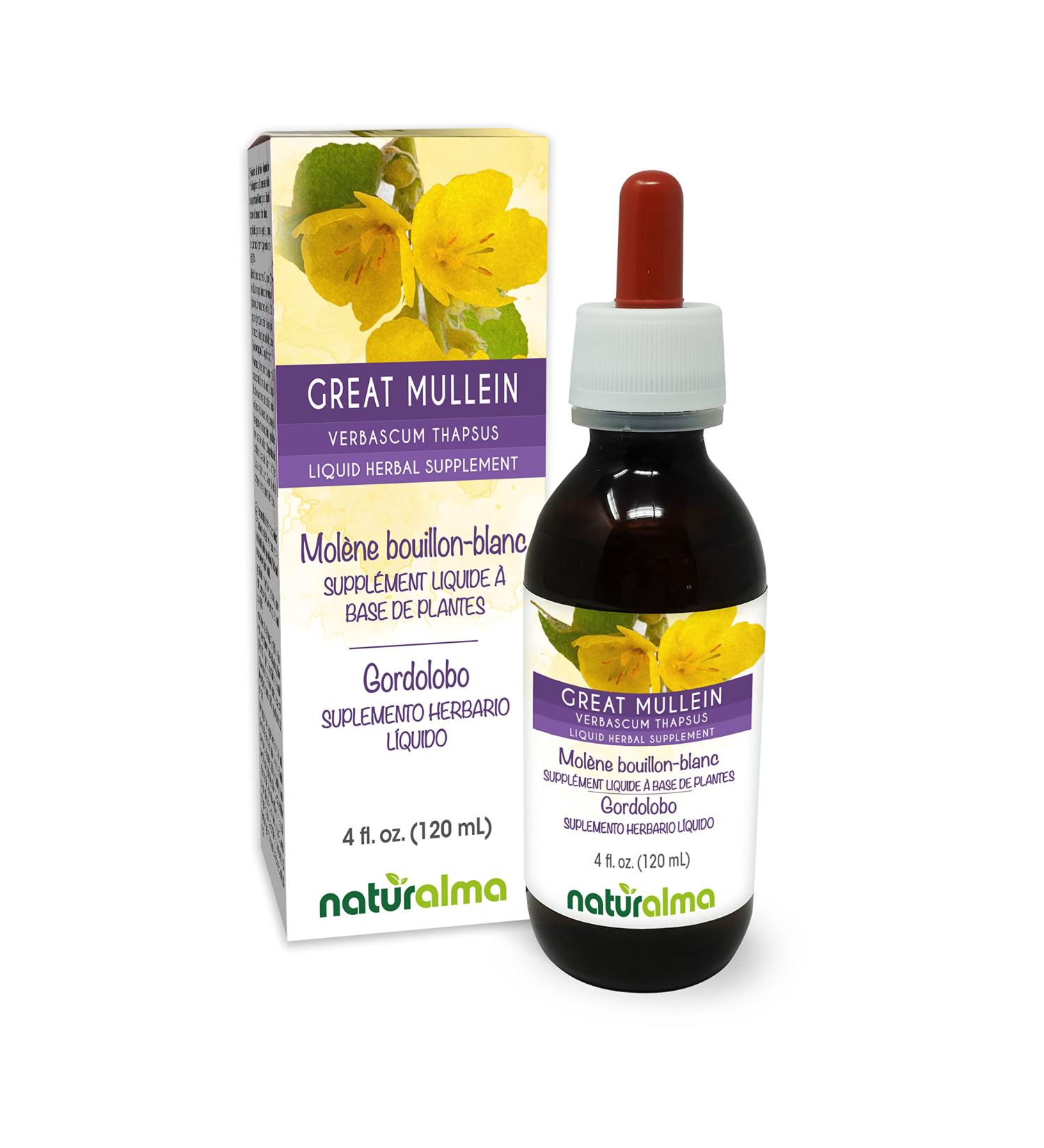 Naturalma Great Mullein or Common Mullein (Verbascum thapsus) Flower and Leaf Alcohol-Free Tincture - 4 fl oz Liquid Extract in Drops - Herbal Supplement - Vegan Alcohol-free 4 Fl Oz (Pack of 1) - Buy Online on GoSupps.com