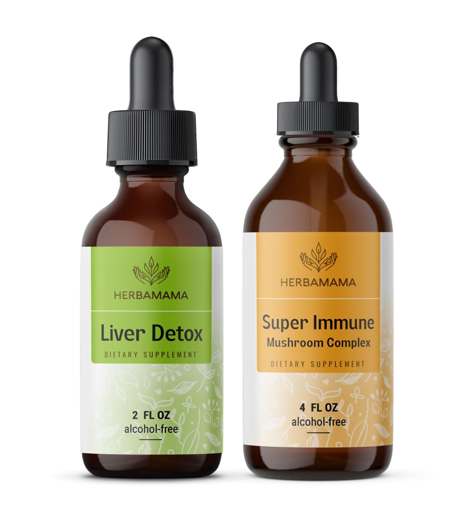 HERBAMAMA Liquid Drops Kit - Bundle of Liquid Liver Detox & Super Immune Mushroom Complex Tincture 4 fl oz - Vegan Non-GMO Sugar & Alcohol-Free - 2 Pack - Buy Online on GoSupps.com