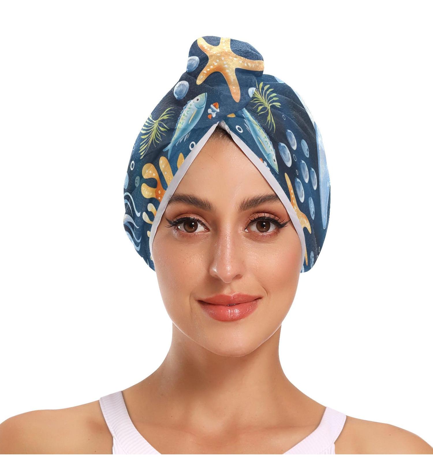 Watercolor Animals Under The Sea Hair Towel 2 Pack | Super Absorbent Quick Dry Hair Turbans for Women & Girls - Buy Online on GoSupps.com