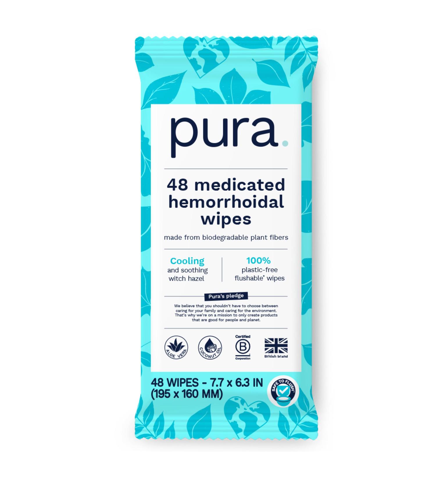 Pura Flushable Hemorrhoid Wipes XL 48 Count Medicated with Cooling Witch Hazel Aloe & Coconut Oil Fast Relief Fragrance-Free 100% Plastic-Free 48 Count 48 Count (Pack of 1) - Buy Online on GoSupps.com