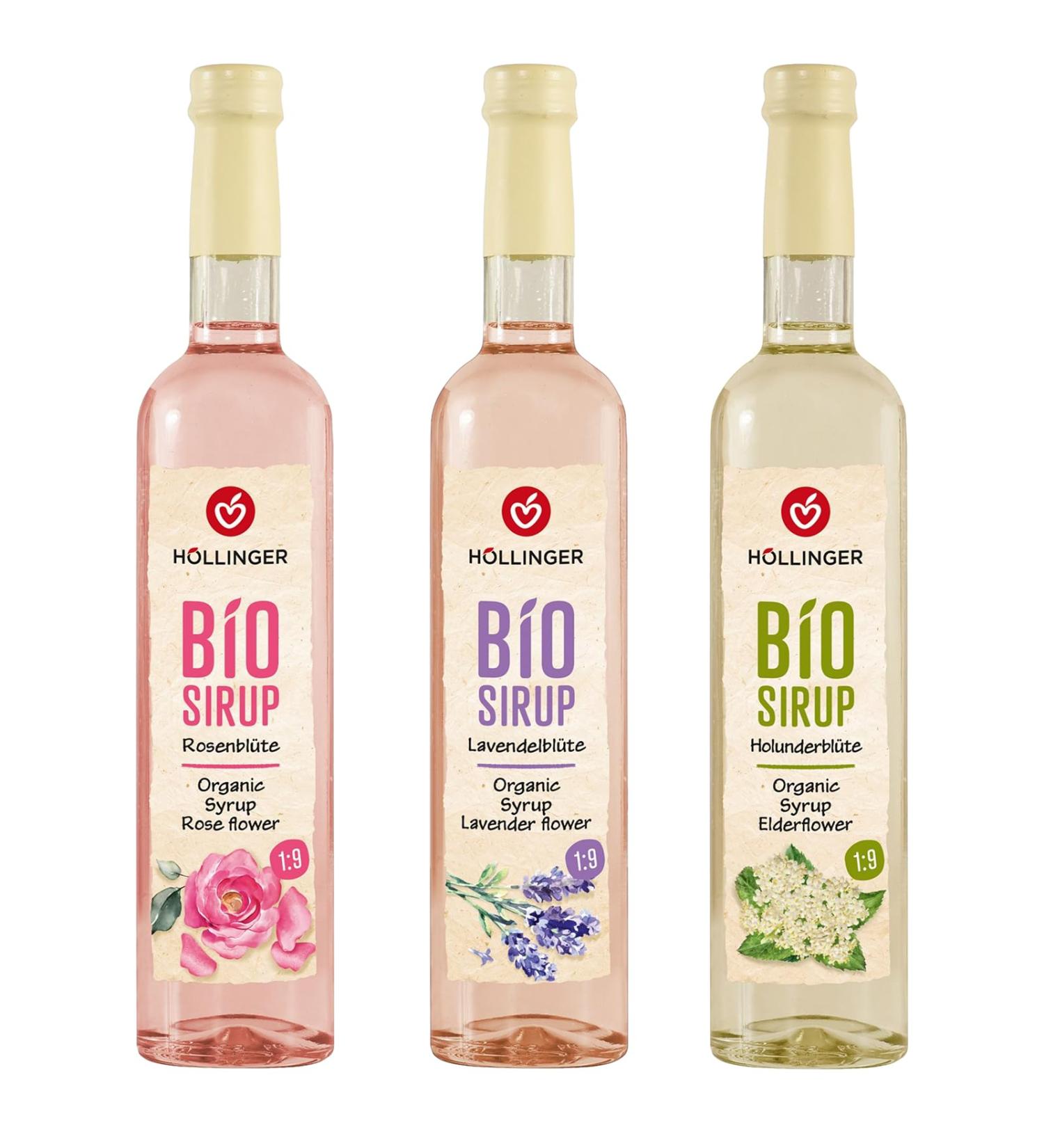 H llinger Bio Sirop Floral Lot de 3 Bouteilles en Verre de 500ml Fleurs de Sureau Rose et Lavande Sirop Biologique Sans Alcool Dilution 1:9 - Buy Online on GoSupps.com