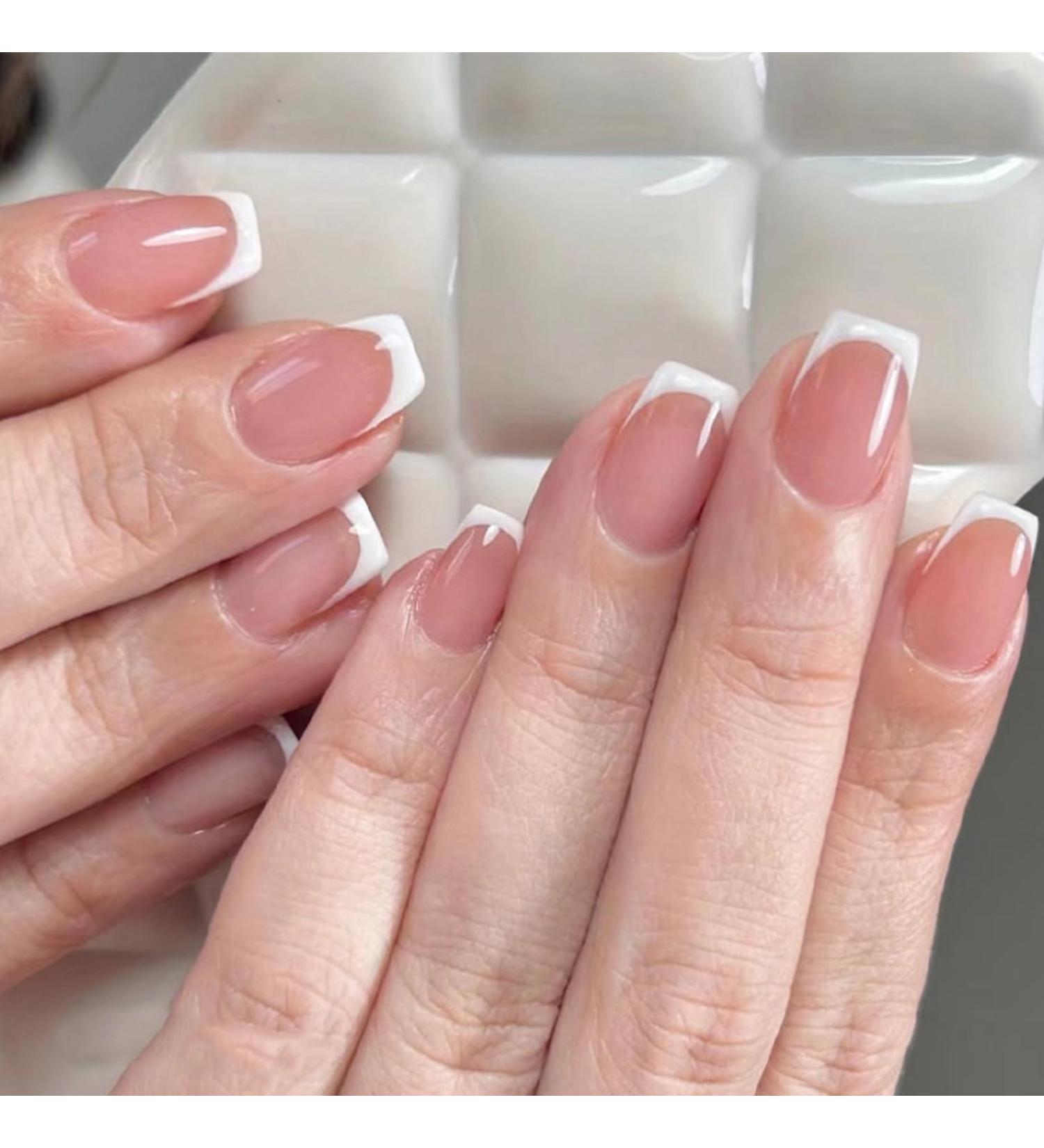 24Pcs White Glitter French False Nails with Nail Glue - Short Square Press on Nails for Women & Girls - Nude Pink Squoval Stick on Nails - Buy Online on GoSupps.com