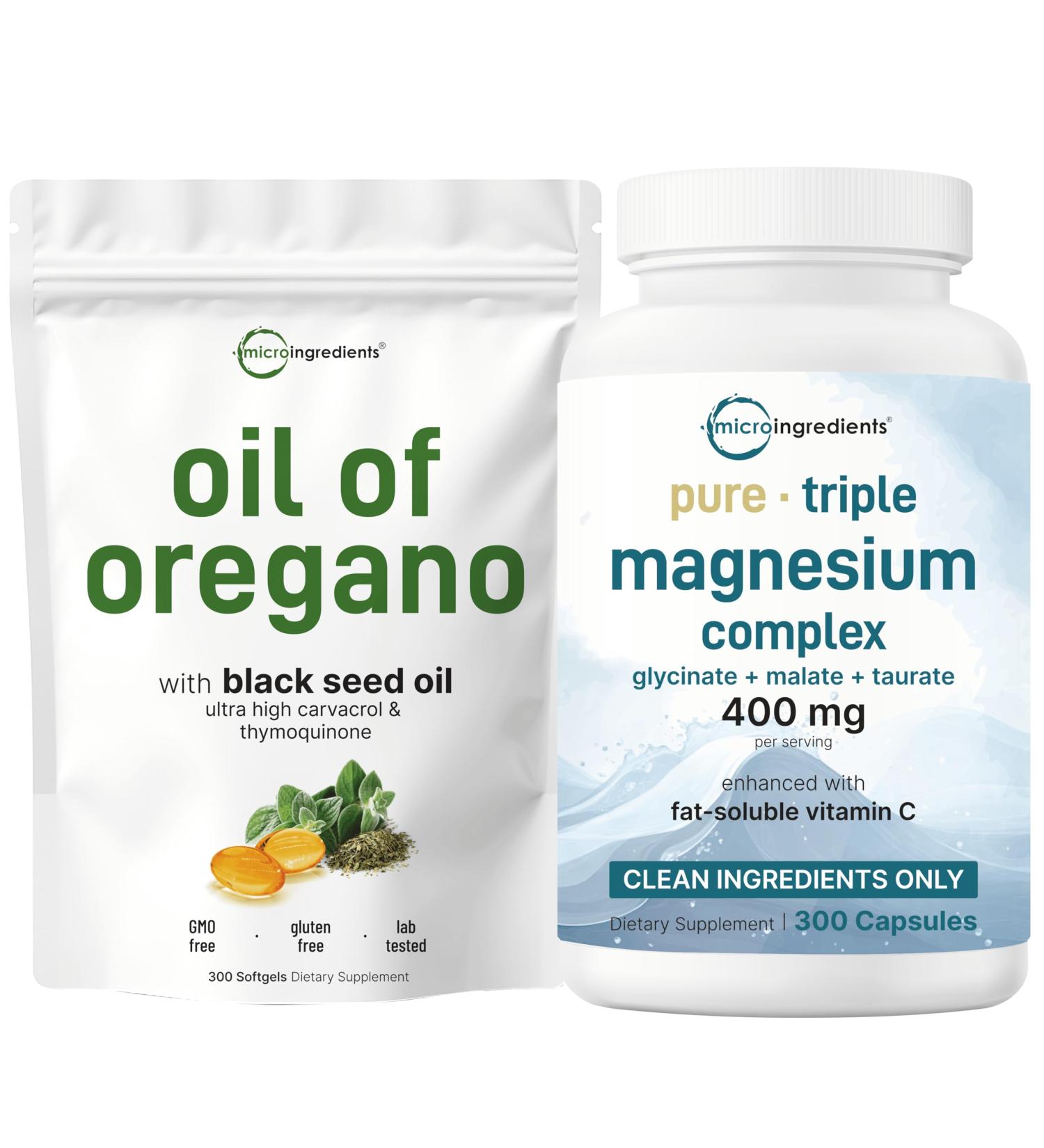Micro Ingredients Oil of Oregano Softgels & Pure Triple Magnesium Complex 400mg Capsules | 2 Pack Bundle | 4X Strength Thymoquinone with Black Seed | Glycinate Malate & Taurate Forms - Buy Online on GoSupps.com