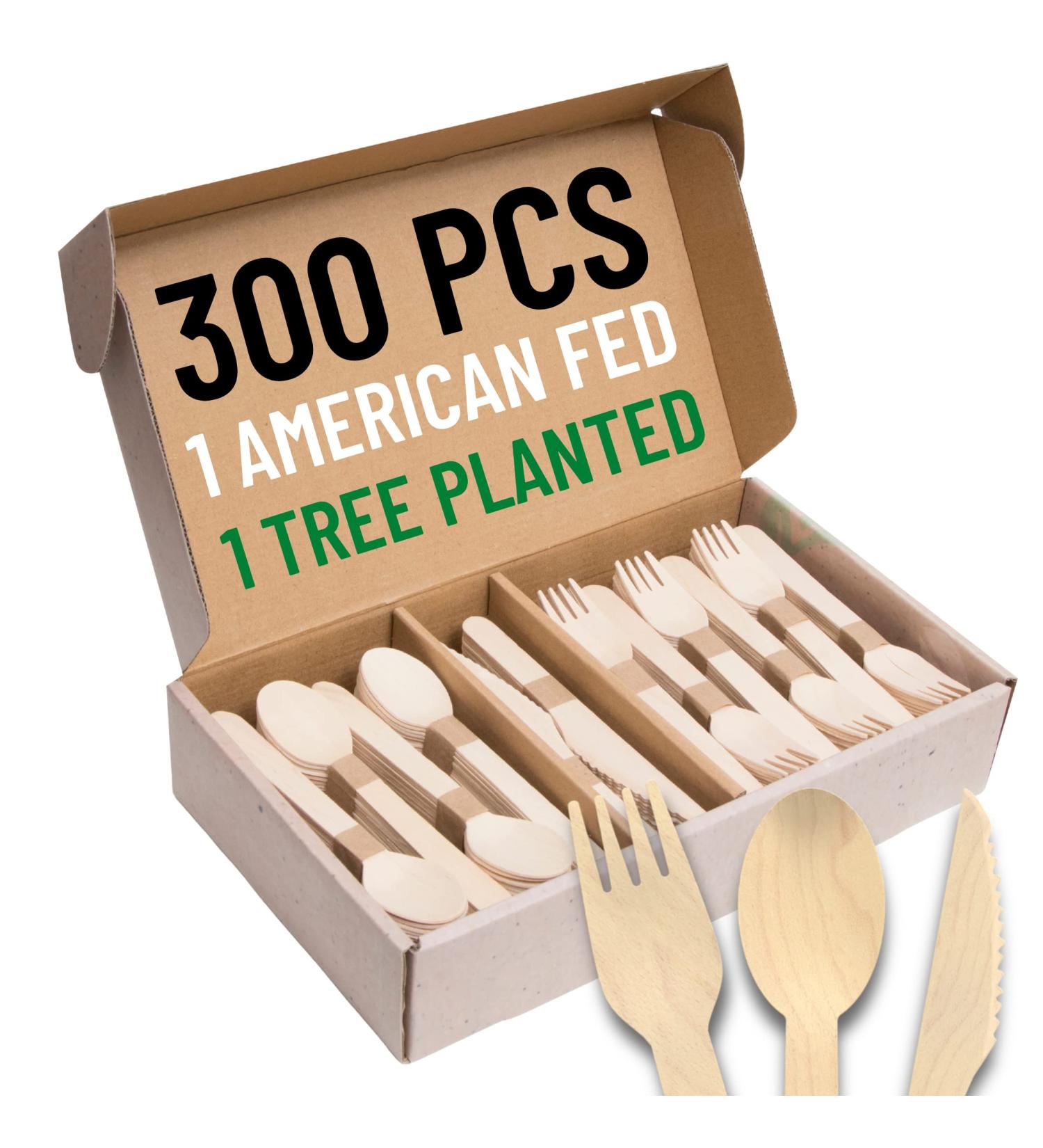 EarthClusive 100% Compostable Wooden Cutlery Set - 300 Pieces | Biodegradable Disposable Utensils for Party, Camping, & More - Buy Online on GoSupps.com