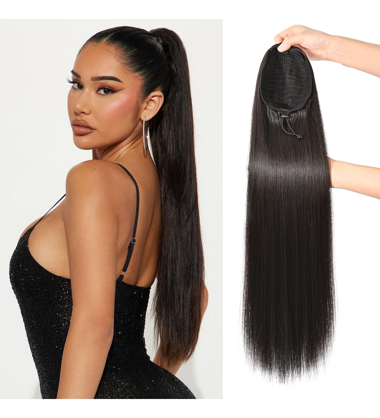 REECHO 28 Long Straight Drawstring Ponytail Extension - Synthetic Hairpiece for Women in Black/Brown - Buy Online on GoSupps.com