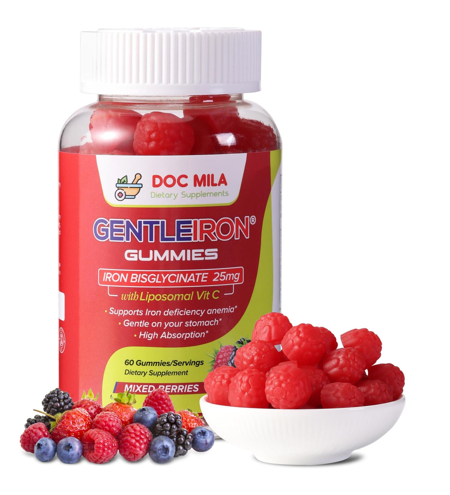 GentleIron 25mg Iron Bisglycinate Gummies with Liposomal Vitamin C - 60 Servings - Buy Online on GoSupps.com