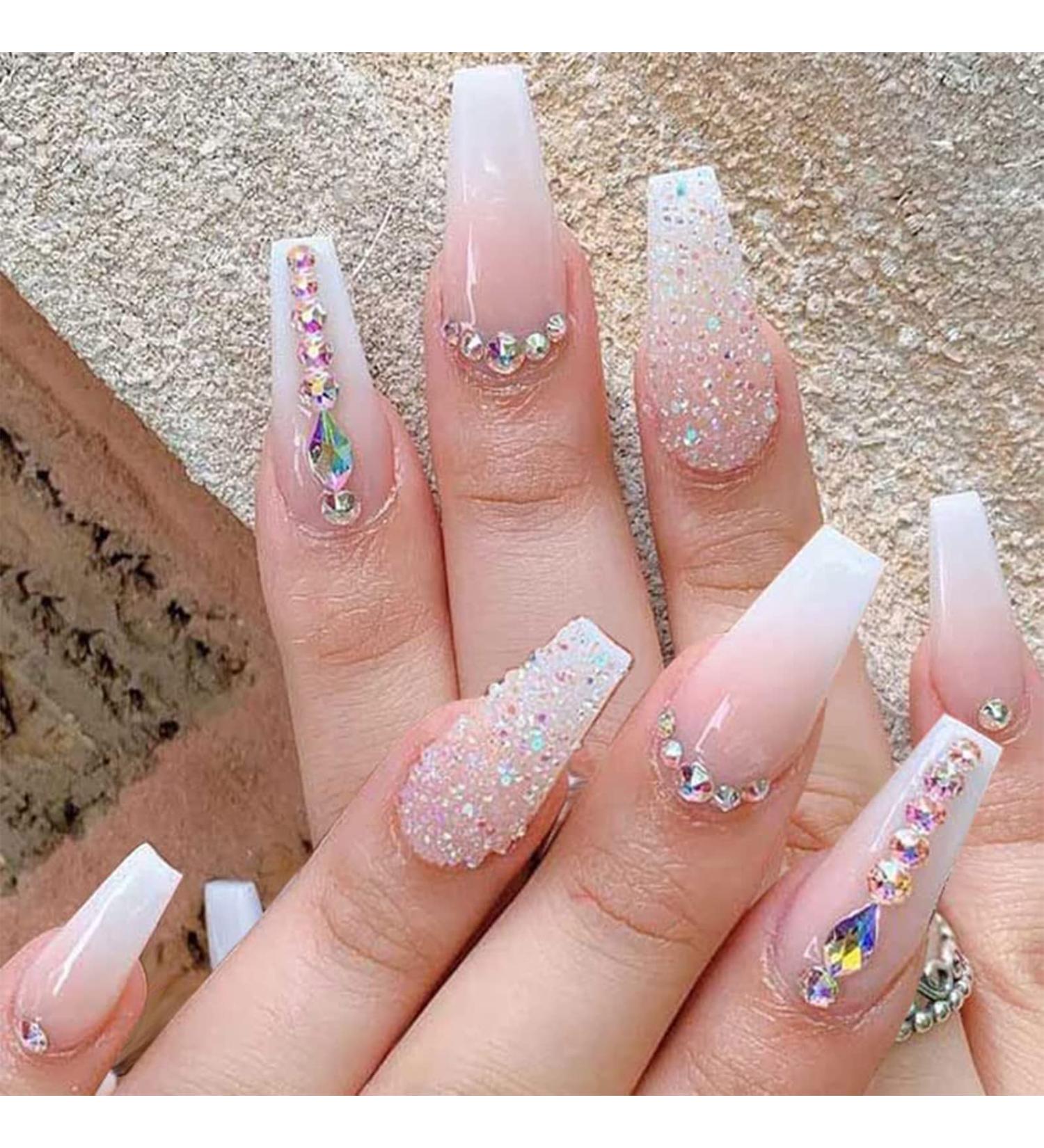 Pink Glitter Gradient Medium Ballerina Press on Nails with Crystal Gem Design - 24Pcs Luxurious False Nails Set for Women & Girls - Buy Online on GoSupps.com