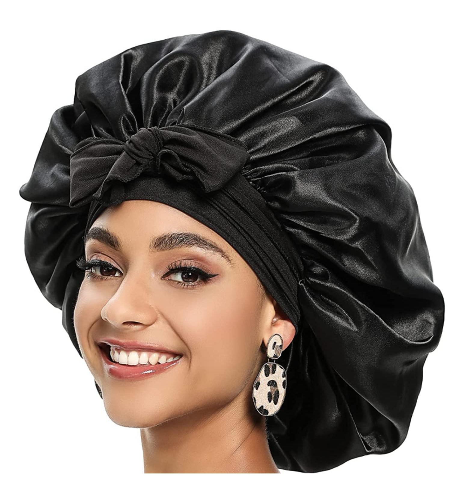 Satin Hair Bonnet for Women - Black Silk Shower Cap for Sleeping & Curly Hair Protection - Buy Online on GoSupps.com