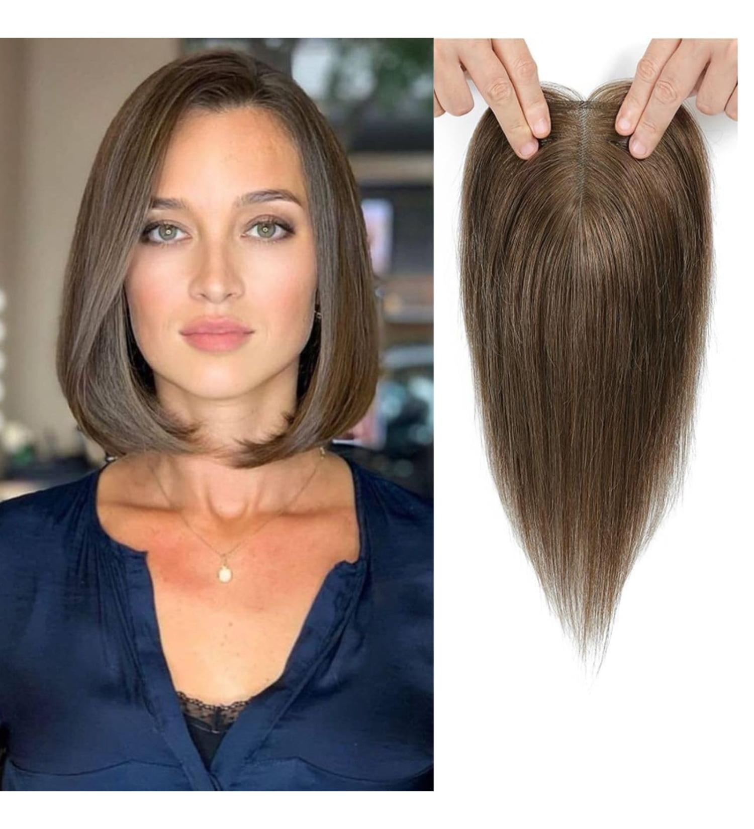 Medium Auburn Brown Human Hair Crown Topper - Swiss Base Hair Extension for Thinning Hair, Gray Coverage - 10inch 6 - Buy Online on GoSupps.com