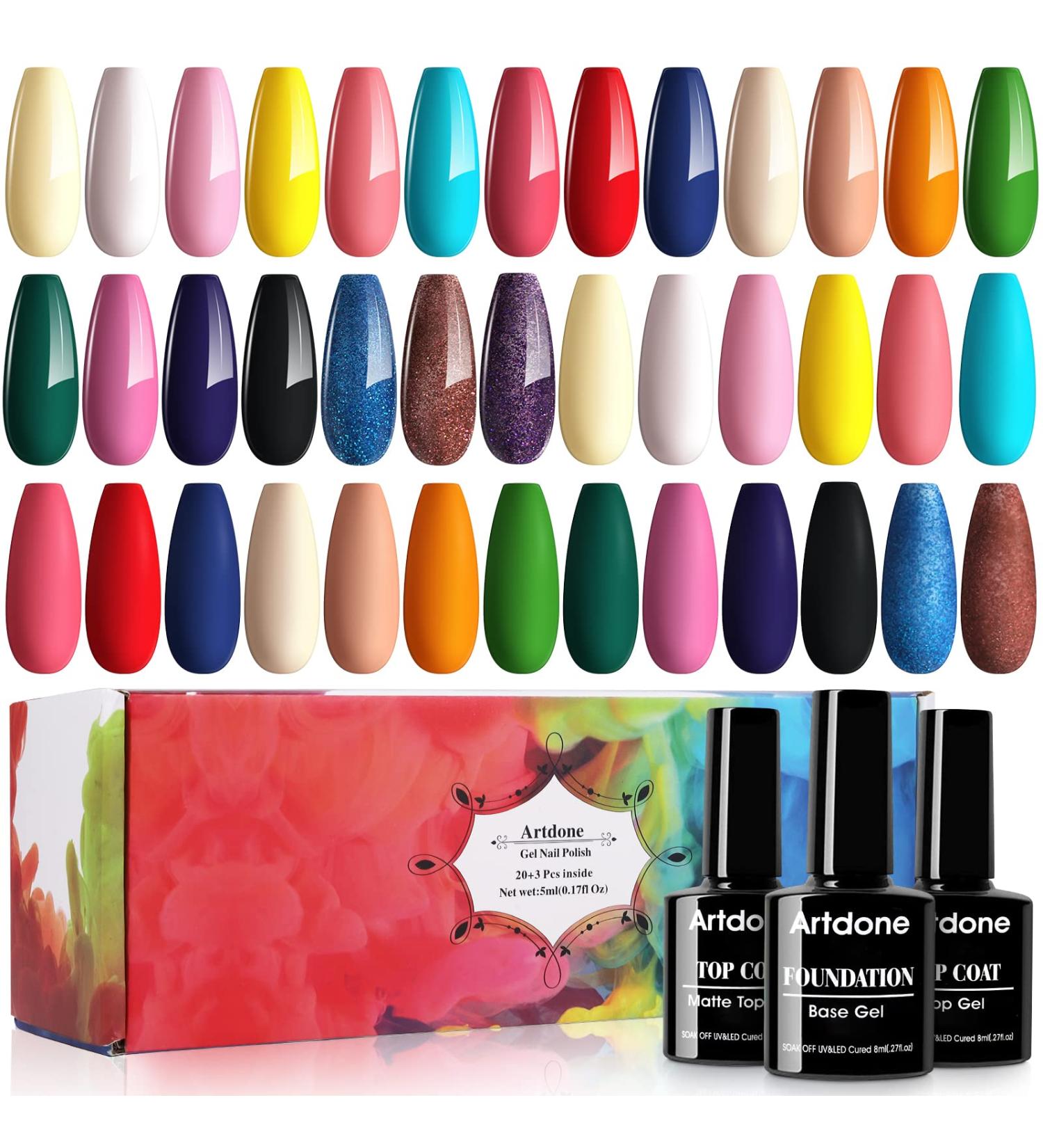 Artdone 23Pcs Gel Nail Polish Kit - 5ml Glossy & Matte Top Coat/Base Coat Soak Off Set - Pink Blue Green Yellow Silver Glitter for Nail Art - B 0.15 Fl Oz - Buy Online on GoSupps.com